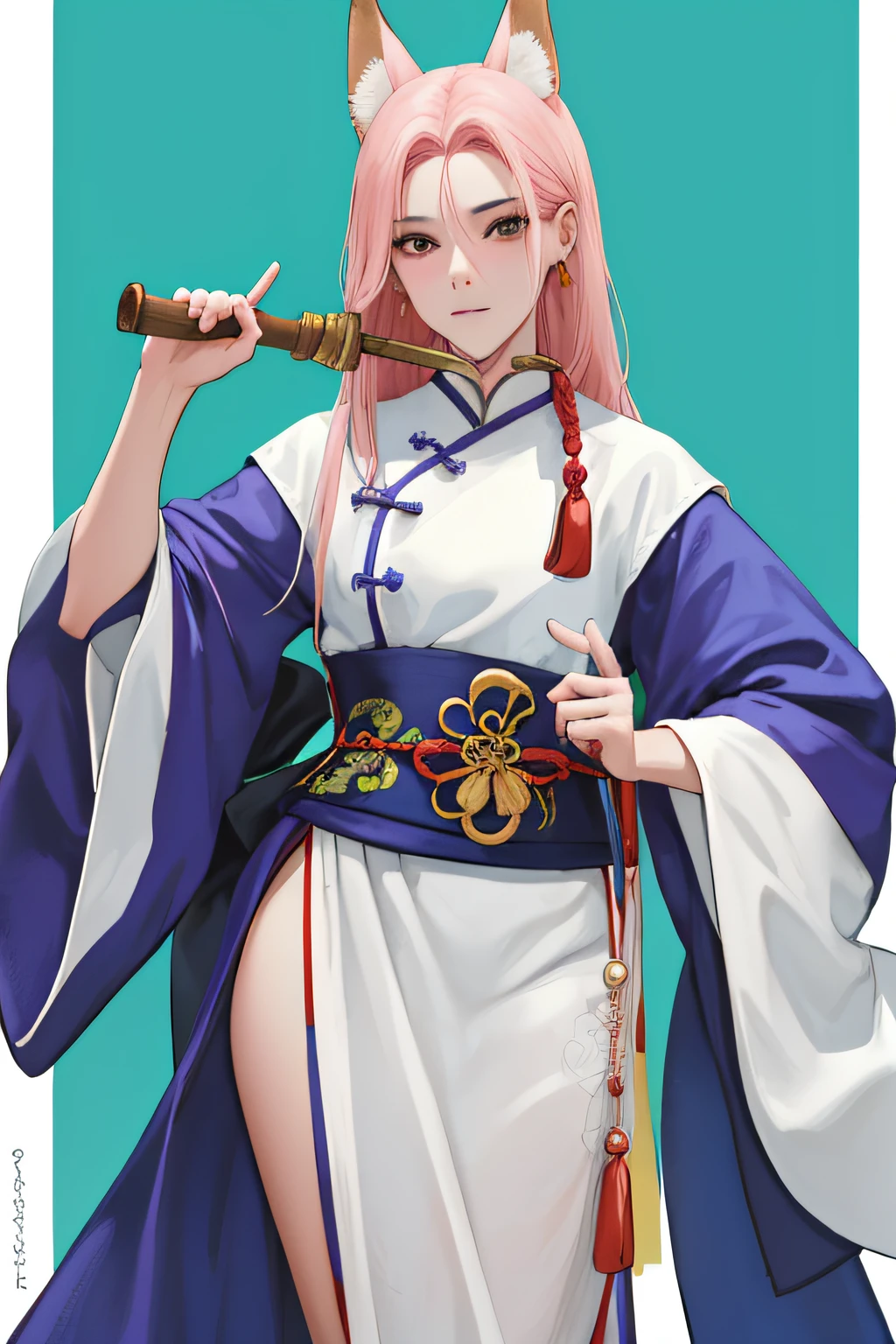 NSFW, obra-prima, melhor qualidade, ultra-detalhado, semi-realista, detailedfacialfeatures, 2mulheres,usando roupas velha wuxia chinesa,cabelos brancos compridos , olhos vorazes,roupa feminina sexy,voluptuoso,sedutora,Head with fox ears,cauda de raposa,muito bonita,Seios grandes,mulher sensual,gostosa,standing holding a whip in his right hand and with his left hand making a gesture of respect to his master.