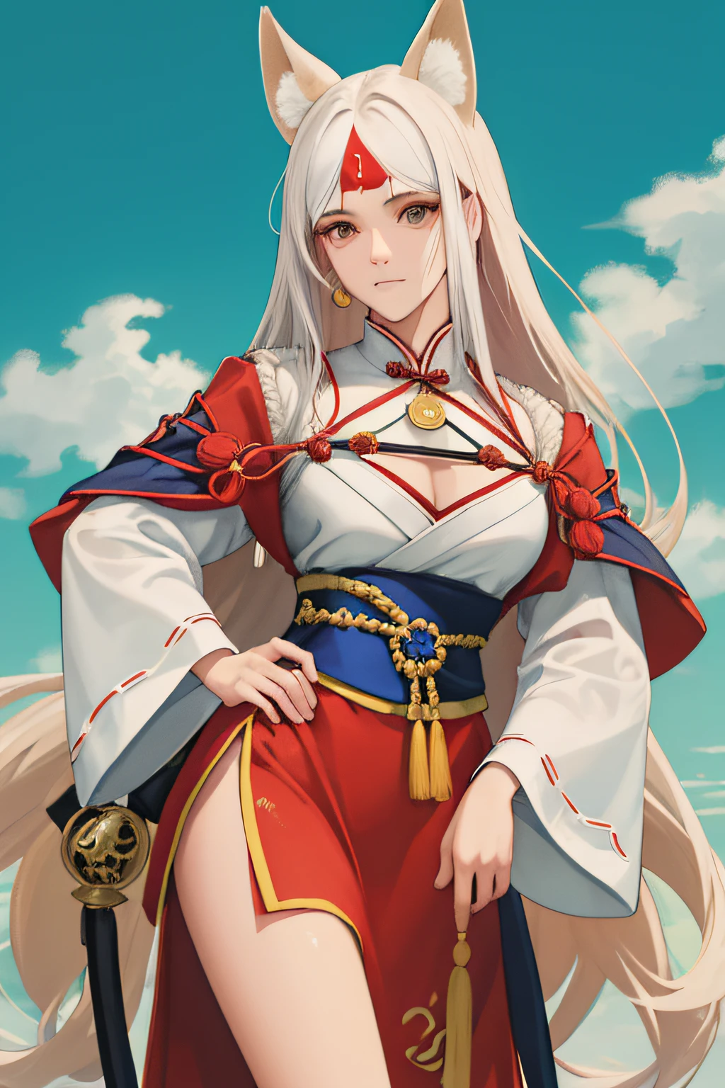 NSFW, obra-prima, melhor qualidade, ultra-detalhado, semi-realista, detailedfacialfeatures, 2mulheres,usando roupas velha wuxia chinesa,cabelos brancos compridos , olhos vorazes,roupa feminina sexy,voluptuoso,sedutora,Head with fox ears,cauda de raposa,muito bonita,Seios grandes,mulher sensual,gostosa,standing holding a whip in his right hand and with his left hand making a gesture of respect to his master.