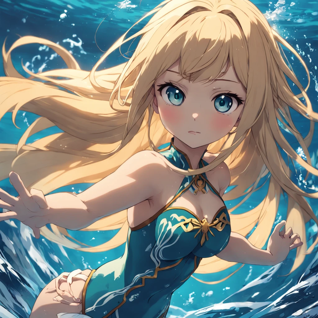 Menina sereia anime, sereia, menina brava, blonde girl, sereia, Water powers, with flowing blond hair, sombreamento estilo anime plano, mulher anime, personagem estilo anime, estilo anime plano, pose poderosa, cabelo loira, roupas de sereia, pose poderosa, aquatic, menina anime poderoso