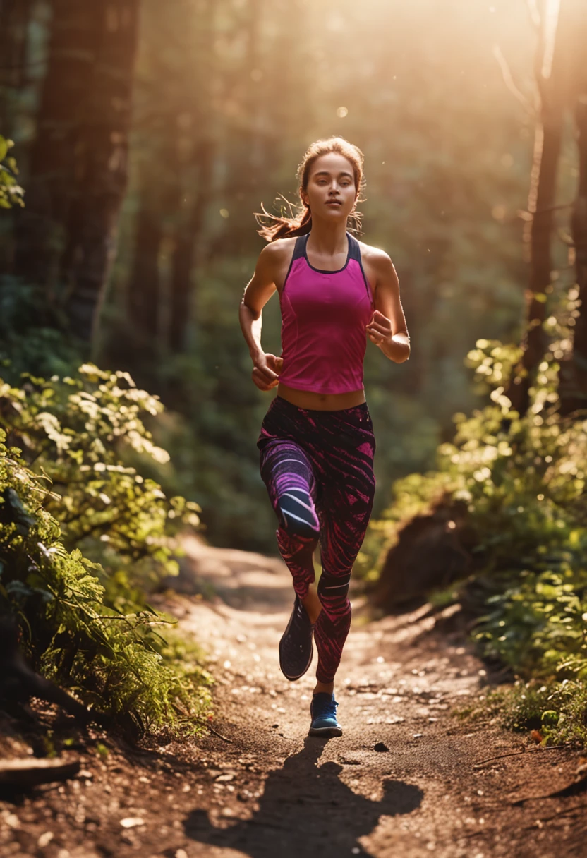 beautiful girl running through the woods sport fitness low angle good quality morning dawn