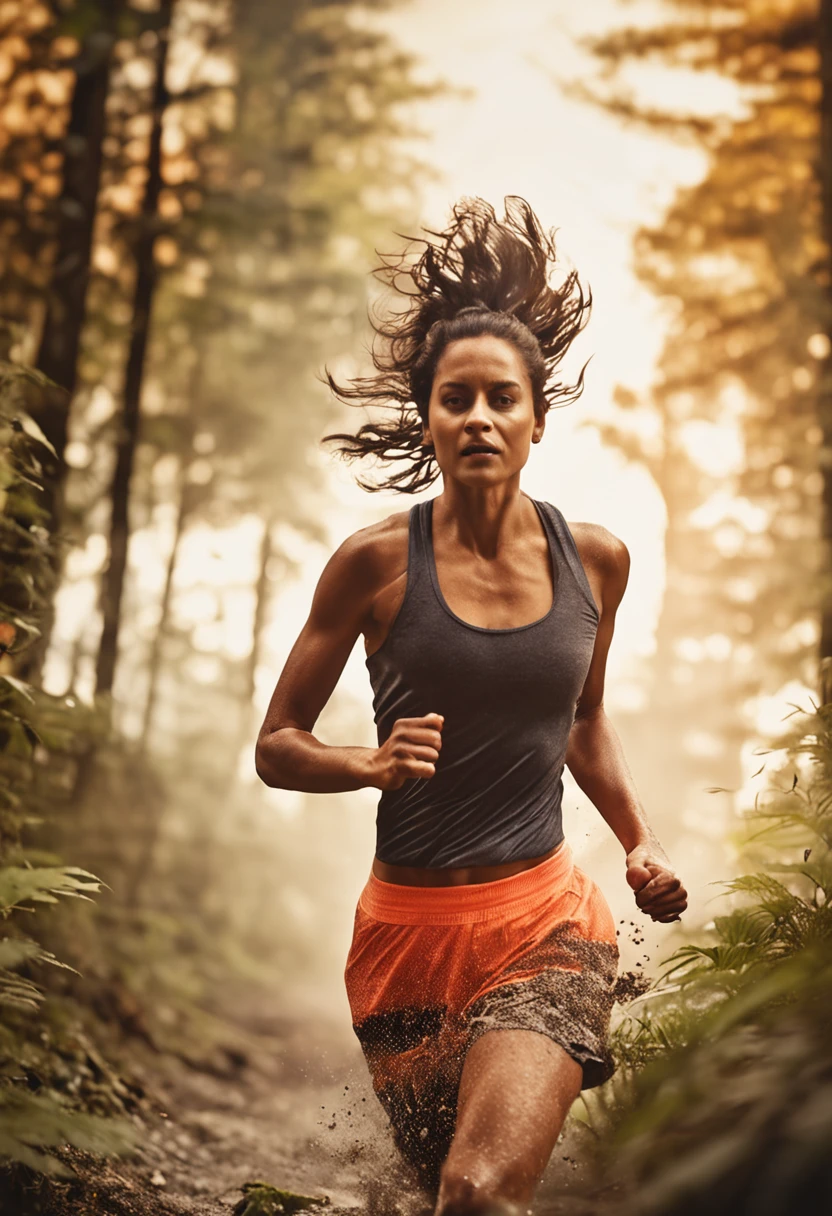 beautiful girl running through the woods sport fitness low angle good quality morning dawn