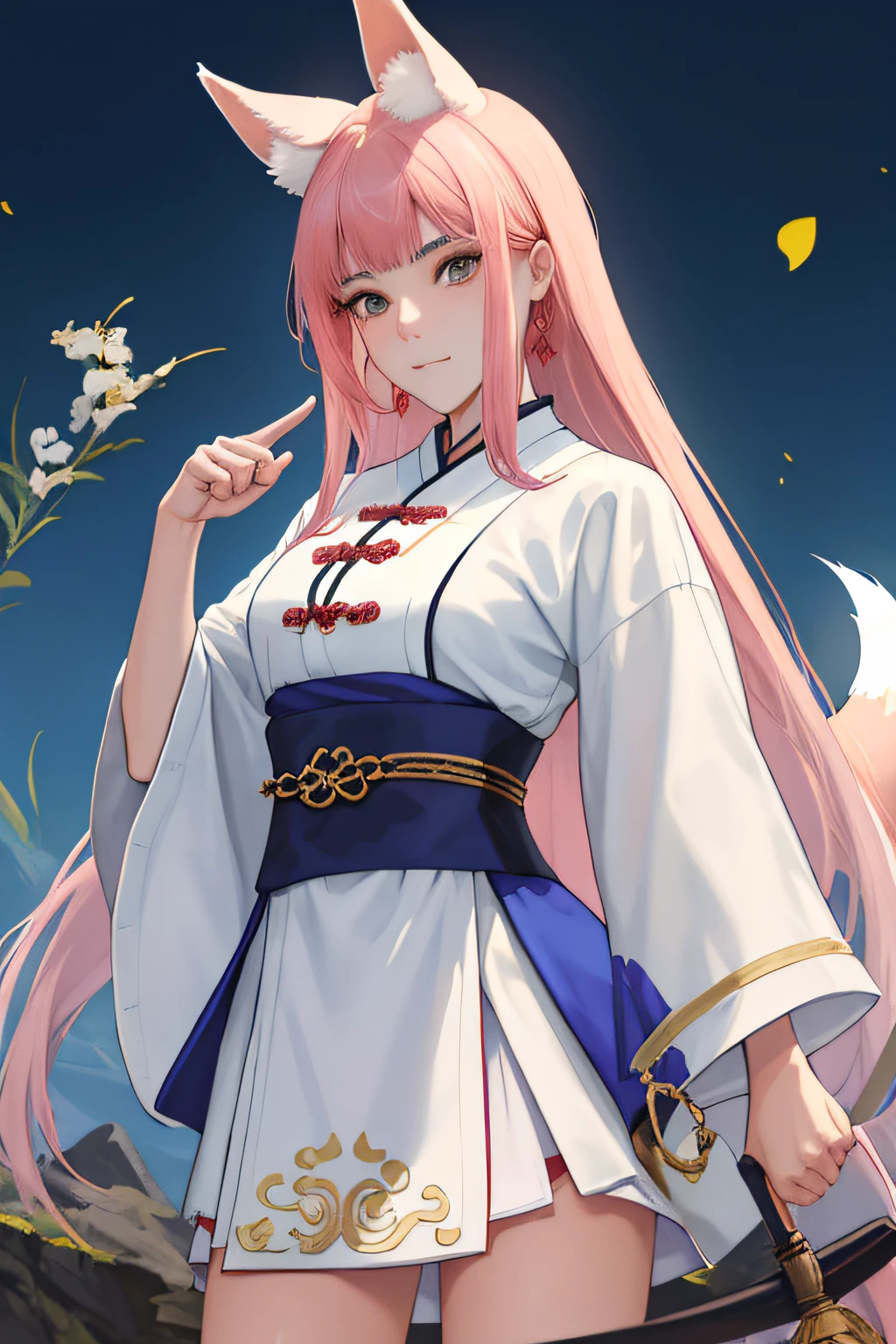 NSFW, obra-prima, melhor qualidade, ultra-detalhado, semi-realista, detailedfacialfeatures, 2mulheres,usando roupas velha wuxia chinesa,cabelos brancos compridos , olhos vorazes,roupa feminina sexy,voluptuoso,sedutora,Head with fox ears,cauda de raposa,muito bonita,Seios grandes,mulher sensual,gostosa,standing holding a whip in his right hand and with his left hand making a gesture of respect to his master.