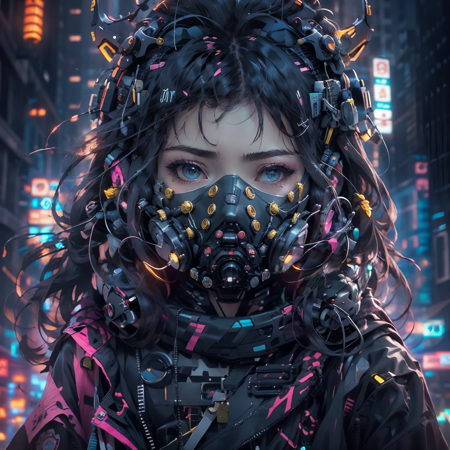 1girl, wear a cyberpunk mask, Neon mask, Detail mask, retrato do rosto, tiro de close up |, de cima, cidade cyberpunk