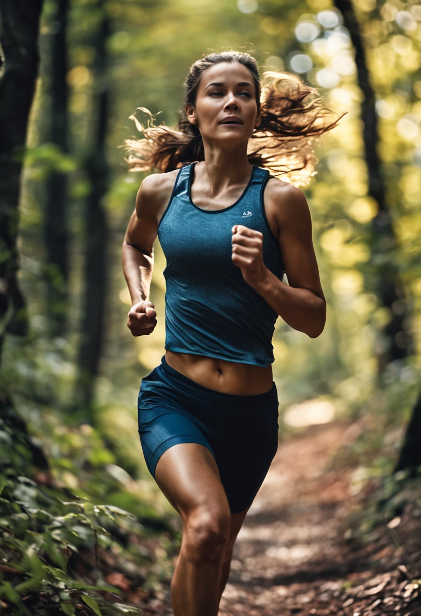 beautiful girl running through the woods sport fitness low angle good quality morning dawn