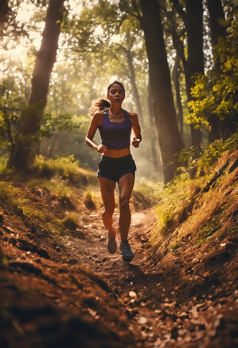 beautiful girl running through the woods sport fitness low angle good quality morning dawn