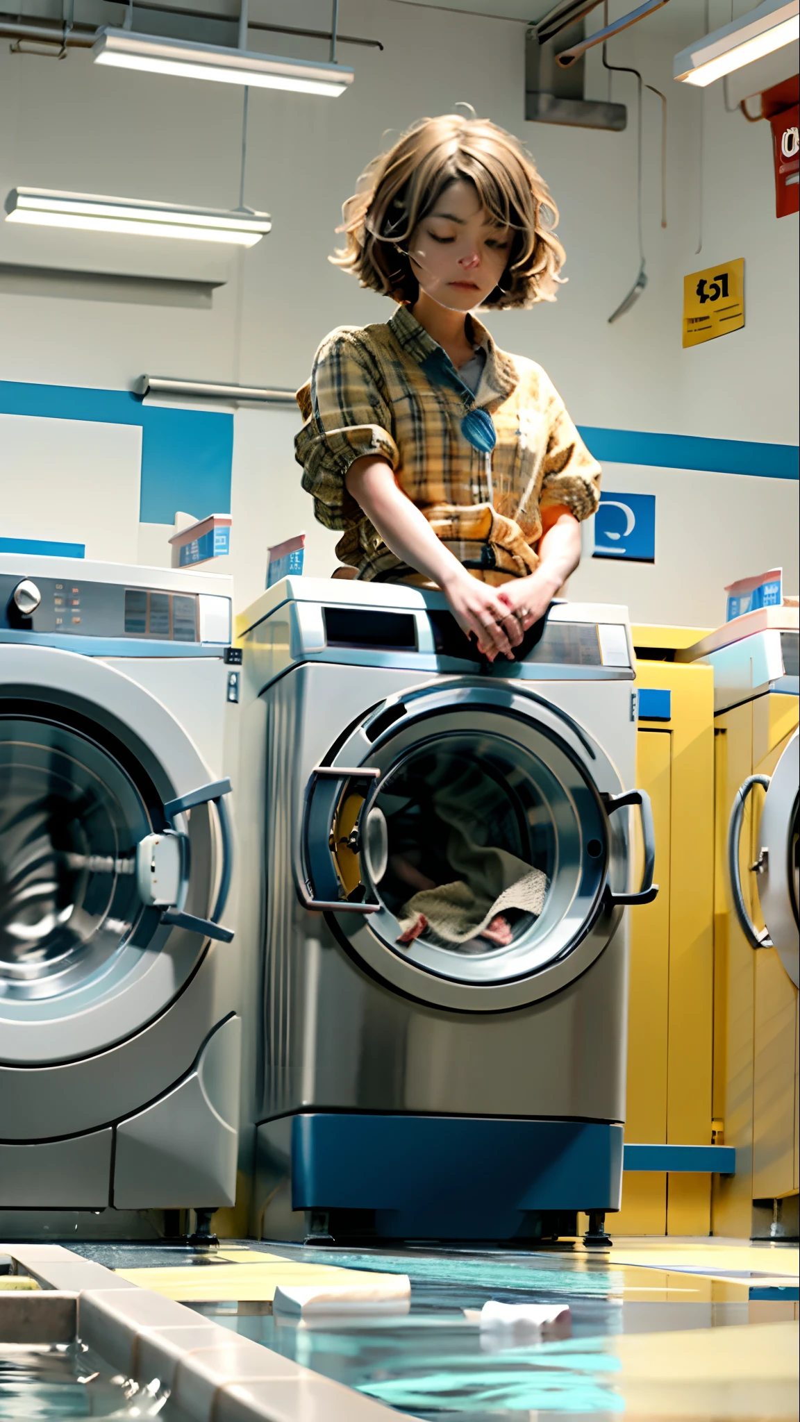 Schizophrenic sneaking past the machines of a laundromat washing his thoughts