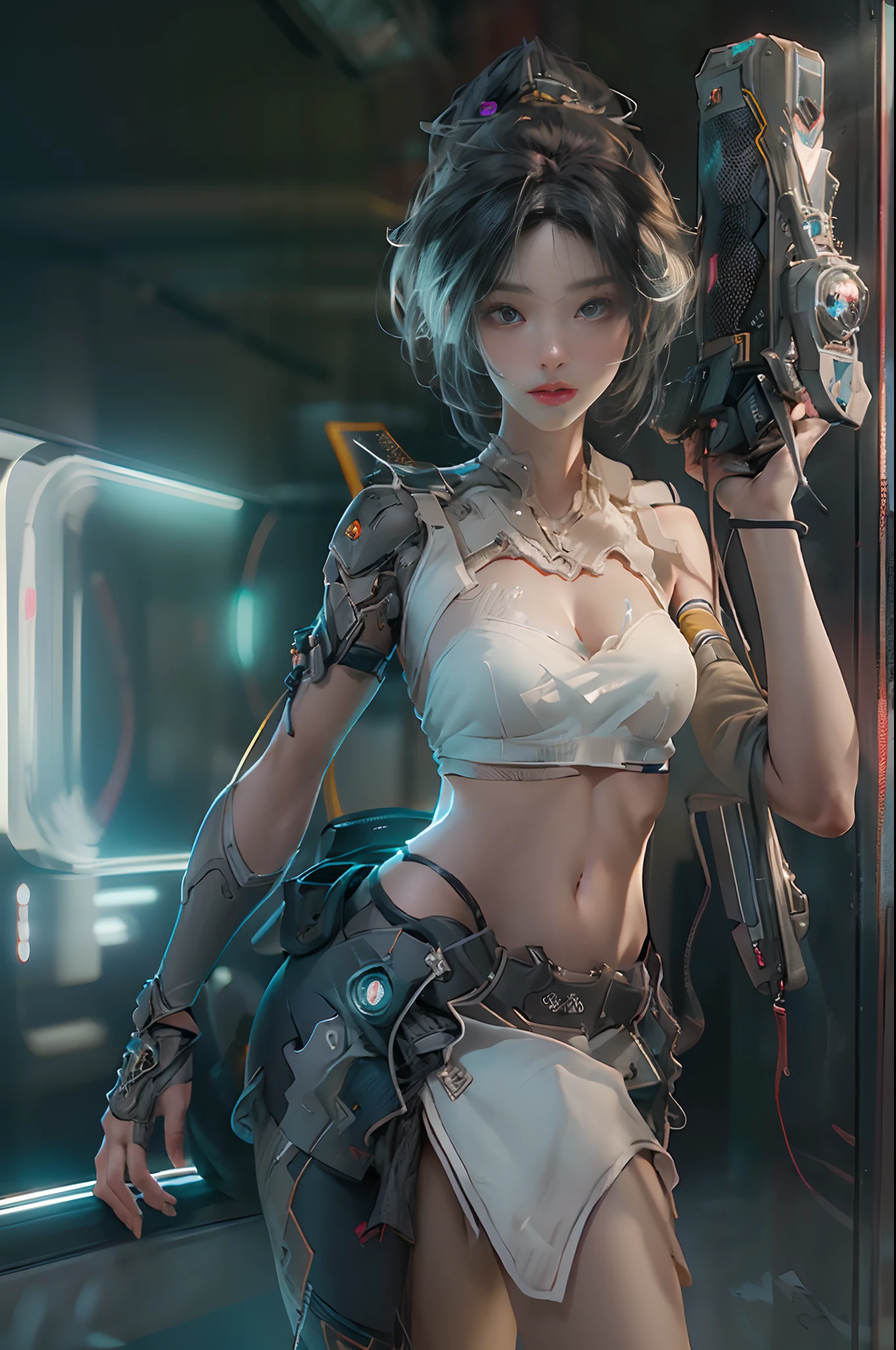 ((Best quality)), ((masterpiece)), (highly detailed:1.3), 3D, beautiful, (cyberpunk:1.6), in space, nebula, (holding_weapon:1.3), laser, (1Female mecha:1.3), sexy body, facing the audience, Glowing eyes, full body, (flying, swooping down, dynamic, motion blur: 1.4), (huge mech wings: 1.6), looking up, glowing_eyes, mecha, panorama, background is earth, nebula, space, particles, Reality, HDR (High Dynamic Range), Ray Tracing, NVIDIA RTX, Super Resolution, Unreal 5, Subsurface Scattering, PBR Textures, Post Processing, Anisotropic Filtering, Depth of Field, Maximum Clarity and Clarity, Multilayer Textures, Albedo and Specular maps, Surface shading, accurate simulation of light-material interaction, perfect proportions, Octane Render, two-tone lighting, large aperture, low ISO, white balance, rule of thirds, 8K RAW, efficient sub-pixel, sub-pixel volume product,  (best quality),(Japanese:0.5),(korean:0.8), (Liu Yi Fei:1.5) long hair, (big breast:1.2),(underboob:1.5), (white transparent lace mini skirt:1.5)