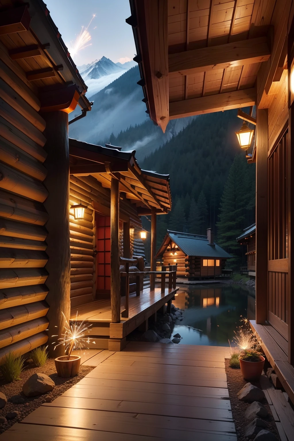 Log Houses、Polygonaceae、Hinomaru Flag、plateau、Nearby lakes、sparklers