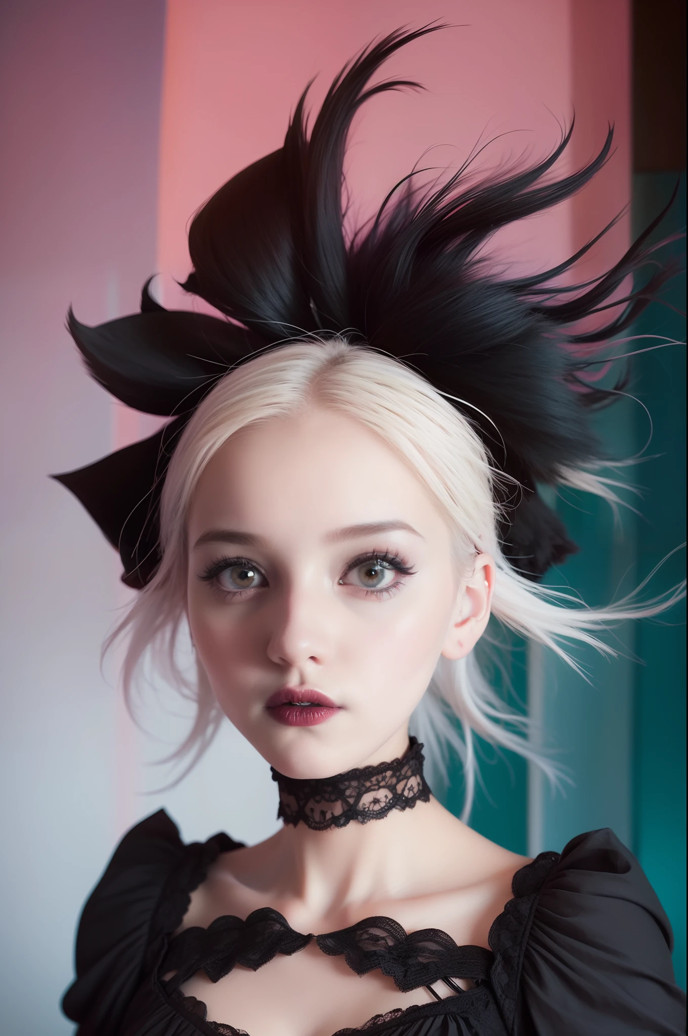 En un hermoso parque una mujer de aspecto moderno. It has a very colorful and striking kawaii gothic style.., con un maquillaje elegante y una peluca colorida.