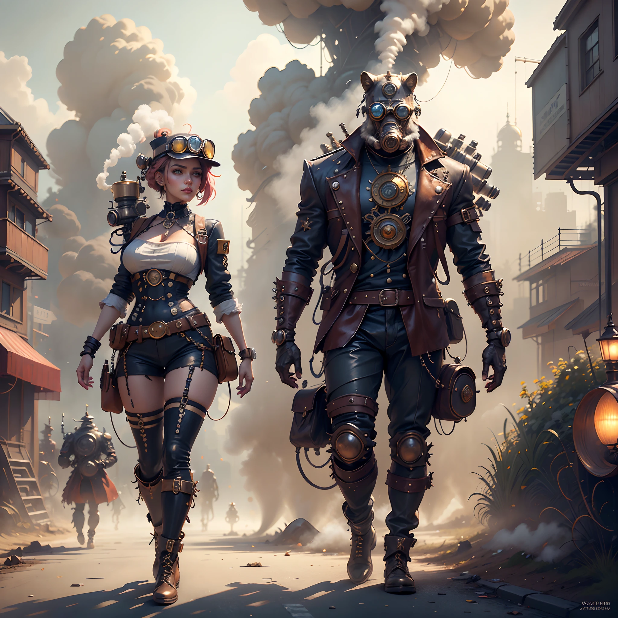 (steam punk)(a mechanical detective, humanoid, piston driven arms & legs, steam vents) walks the streets of the city seeking a wanted criminal
