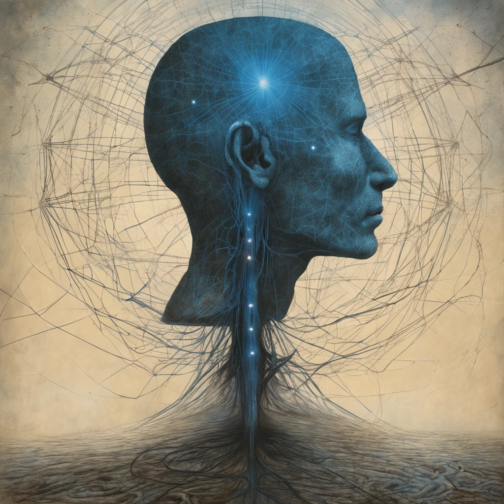 a painting of a silhouette of a human brain or head, with lines that represent paths or connections, symbolizing evolution and growth in front of a sky full of stars, cosmic entity, Beksisnski, portal to the ethereal realm, astral projection, ascension, portrait of a cosmic entity, astral appearance, emanando com aura azul, Viagem Astral, portal 3, um ser interdimensional, Transcendente, cosmic enlightenment, Wojtek Beksinski MacManus com asas douradas simulando um livro