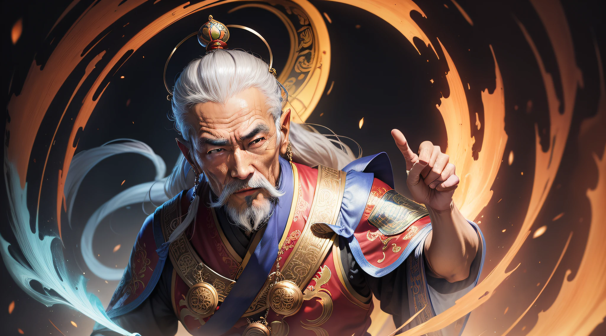 Chinese wise man, meia idade, ultrarrealista, rosto detalhado, olhando para camera
