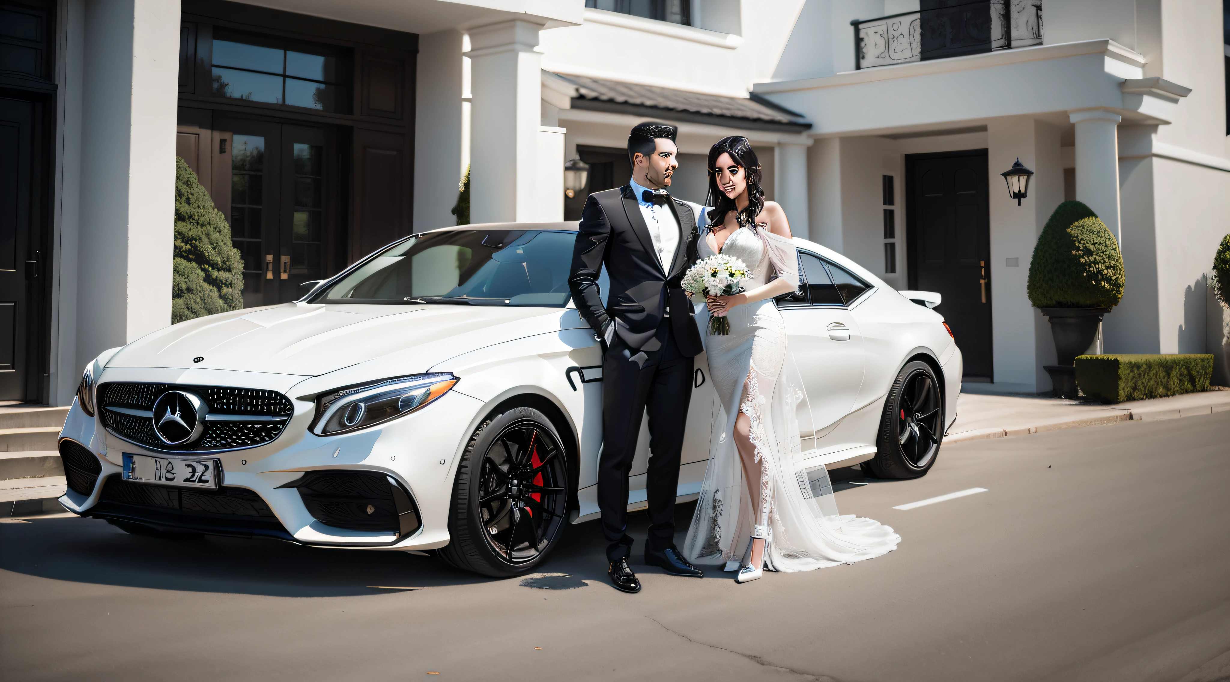 success couple embracing each other, near their luxury house and white benz car