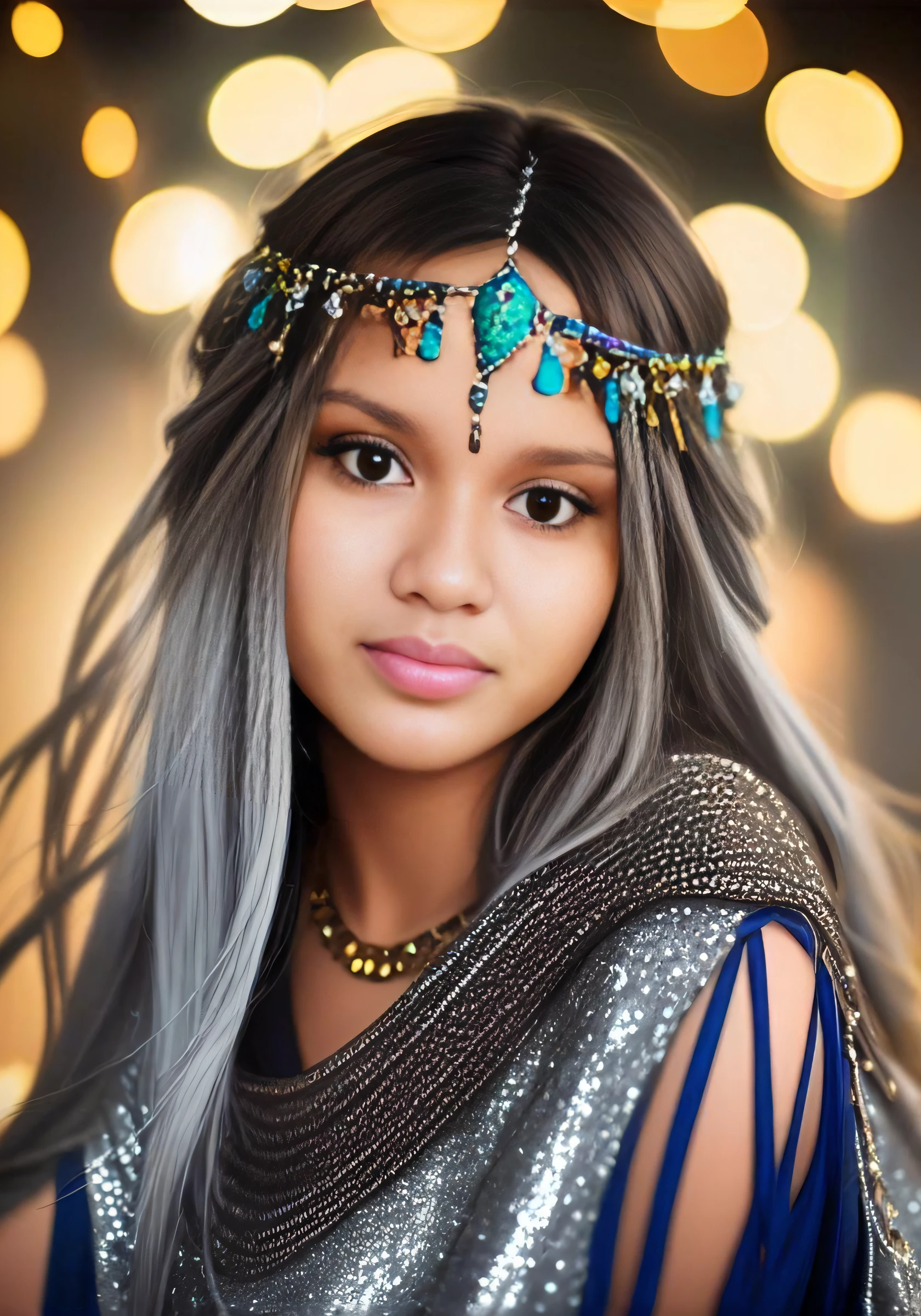 a woman with long hair wearing a hat and a blue dress, lovely bohemian princess, Maya Ali como uma feiticeira da tempestade, Retrato da princesa asteca, menina cabelo prateado, beautiful elven princess, menina do cabelo prateado, Isabela Moner, Princesa Libu antiga, cocar de joias, tiara fantasia ultra realista, long silver braided hair, retrato bonito da fantasia