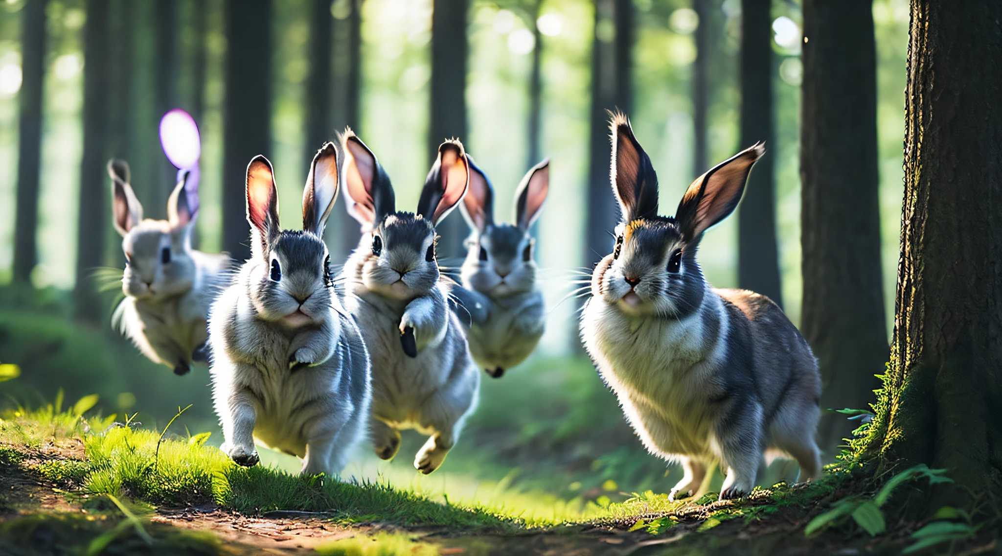 close-up photo of several bunnies jumping very cute in the forest, soft volumetric lights (retroiluminação: 1.3), (kinematics: 1.2), detalhes intrincados (ArtStation: 1.3), Rutkowski