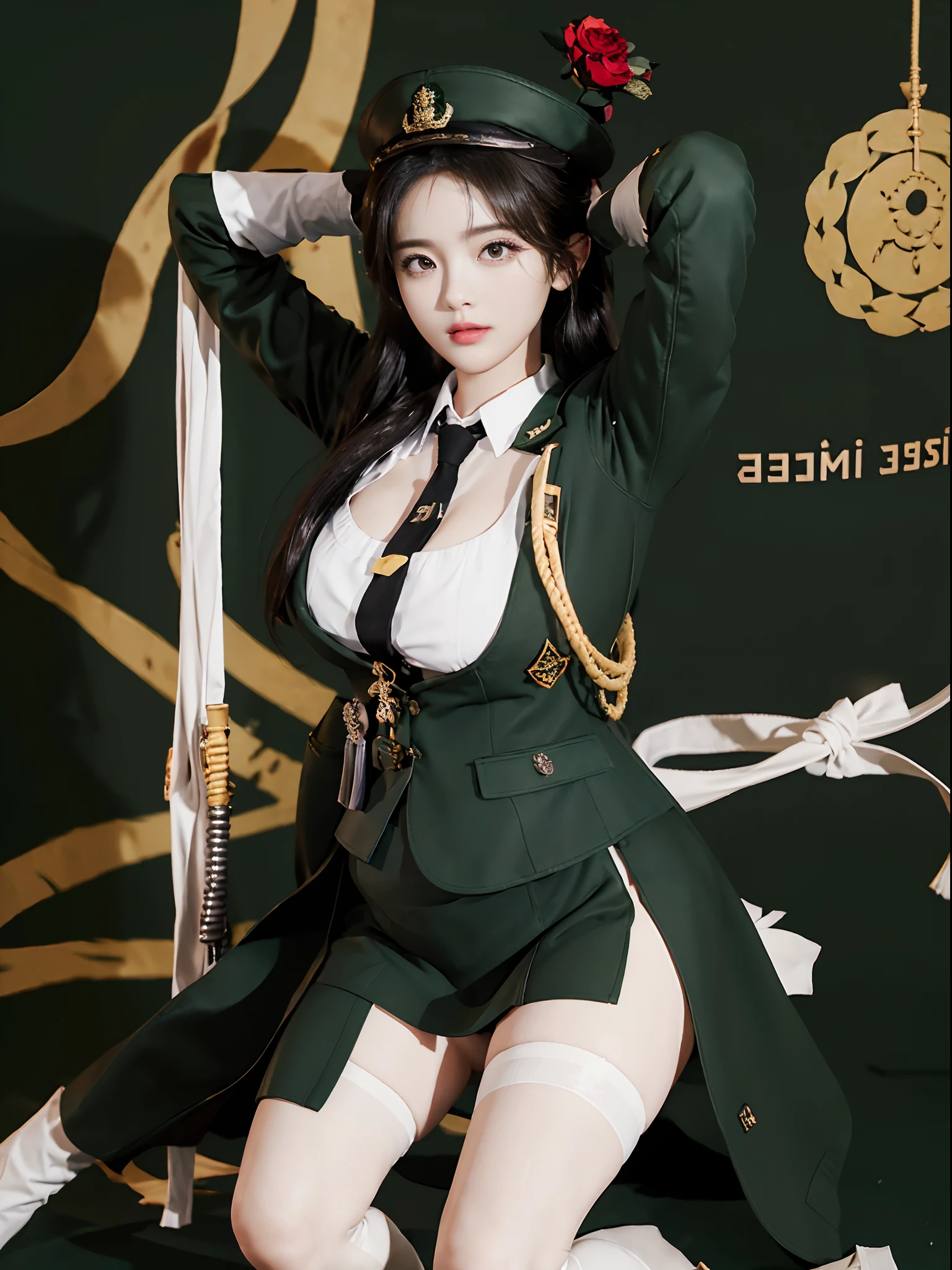 Very detailed CG unity 8K wallpaper，（tmasterpiece），（best qualtiy），（ultra - detailed），（Ultra photo realsisim），（best character detail：1.36），Nikon D750 f / 1.4 55mm，profesional lighting， physically-based renderingt, 1girll, Female soldier，army suit，((Green military uniform，Long-sleeved military uniform，Fabric texture military uniform，The jacket is lined with a plain white shirt，The white shirt was soaked with sweat，The fabric of a soaked white shirt sticks to the chest，Dark green tie):1.0)，(Army green skirt)，military hat，Black hair，the golden ratio,[:(com rosto detalhado:1.2):0.2]:,PureErosFace_V1, broad shoulder,(Plump breasts:1.5),(Bigchest:1.5),(big assa:1.5)，Wide buttock ，Bare legged，Plump legs，White panties are slightly exposed at the bottom of the skirt，whitestocking，without wearing shoes，Soaked with sweat，red flags，In the square，bright sun，Bright smile，White teeth，lighting，Contre-Jour，