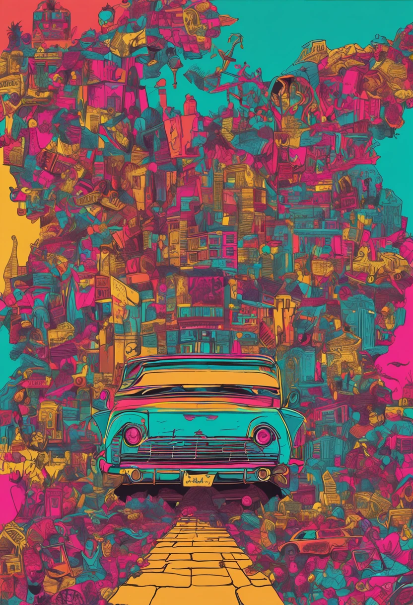"collage, contexto de la vida y sus transformaciones, cambios en la vida, neon, impactante, vibrante"
