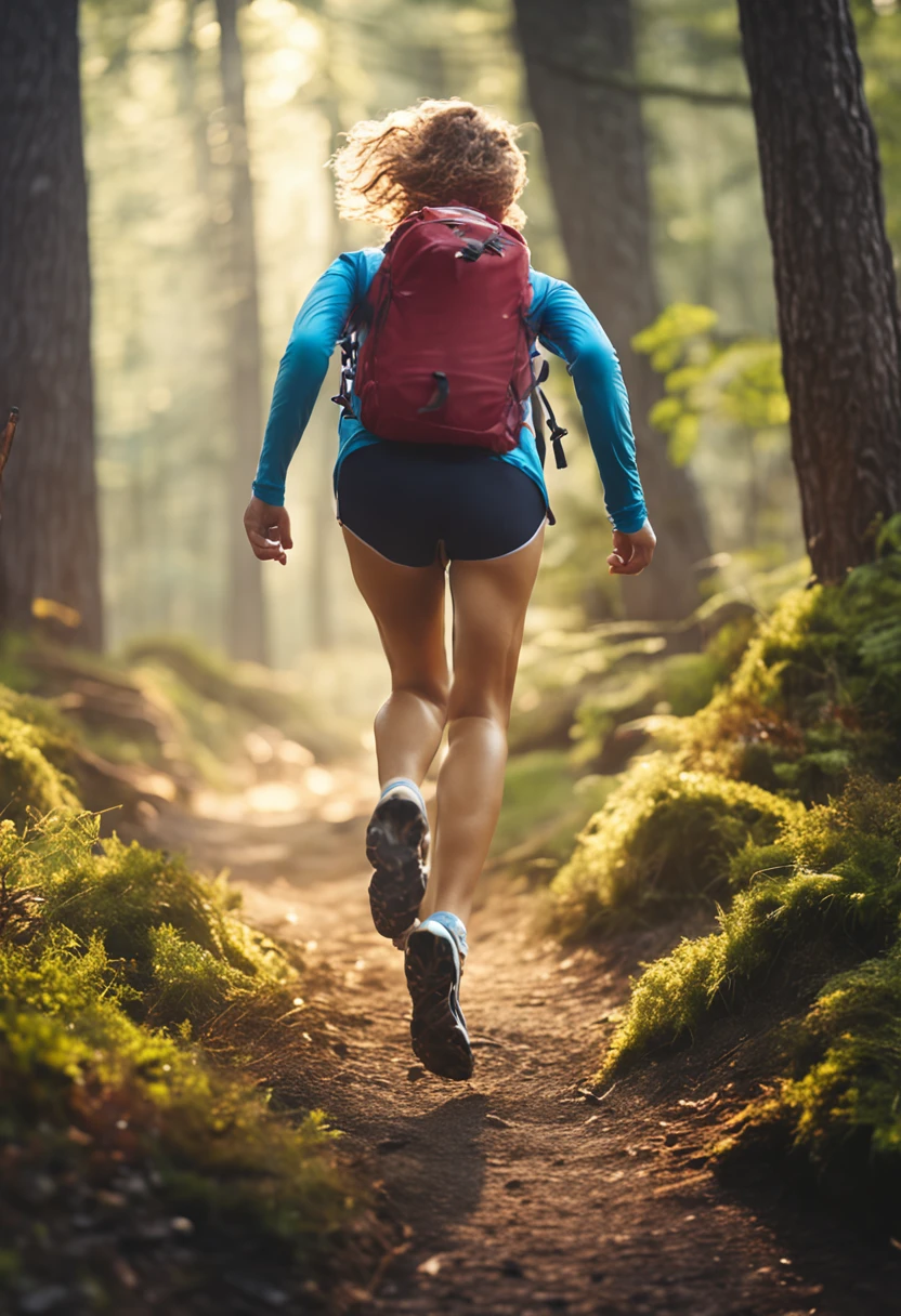 beautiful girl smile running through the woods sport fitness low angle good quality morning sun dawn drawing minimalism epic frame film frame