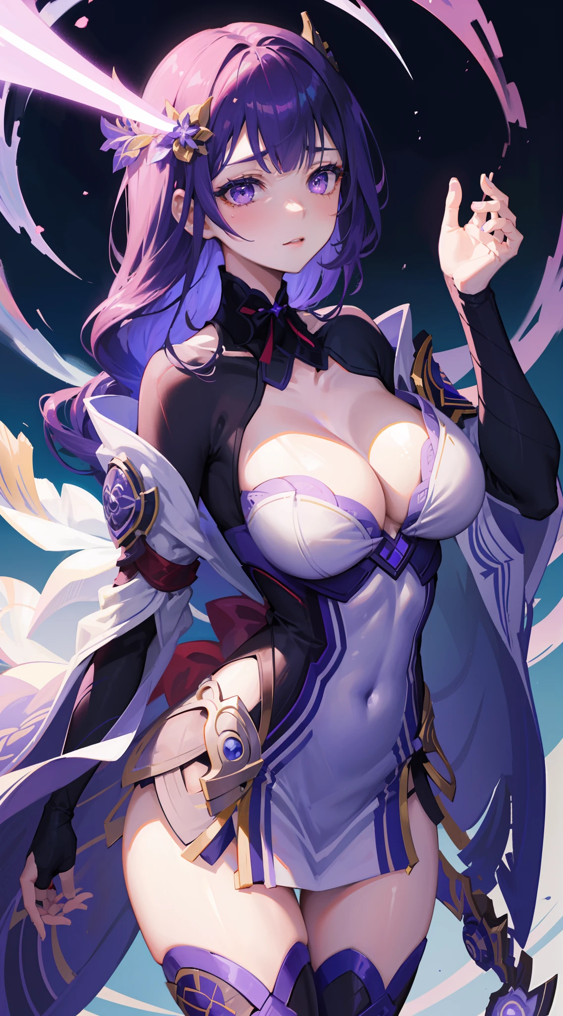 ((HighestQuali,tmasterpiece,8k wallpaper)),((Pale skin,)),1girll,Solo Woman,((Genshin_impact,Raiden general)),light particules,Purple thunderbolt,Bright background,the cherry trees,purple color-theme,Delicate facial features,Sexy beautiful anime girl,Raiden general,Long purple hair,rosy lips,Anime mouth,Keep one's mouth shut,A sexy mature woman,(Severely melancholy face),Detailed eyes,busty figure,buliding,
