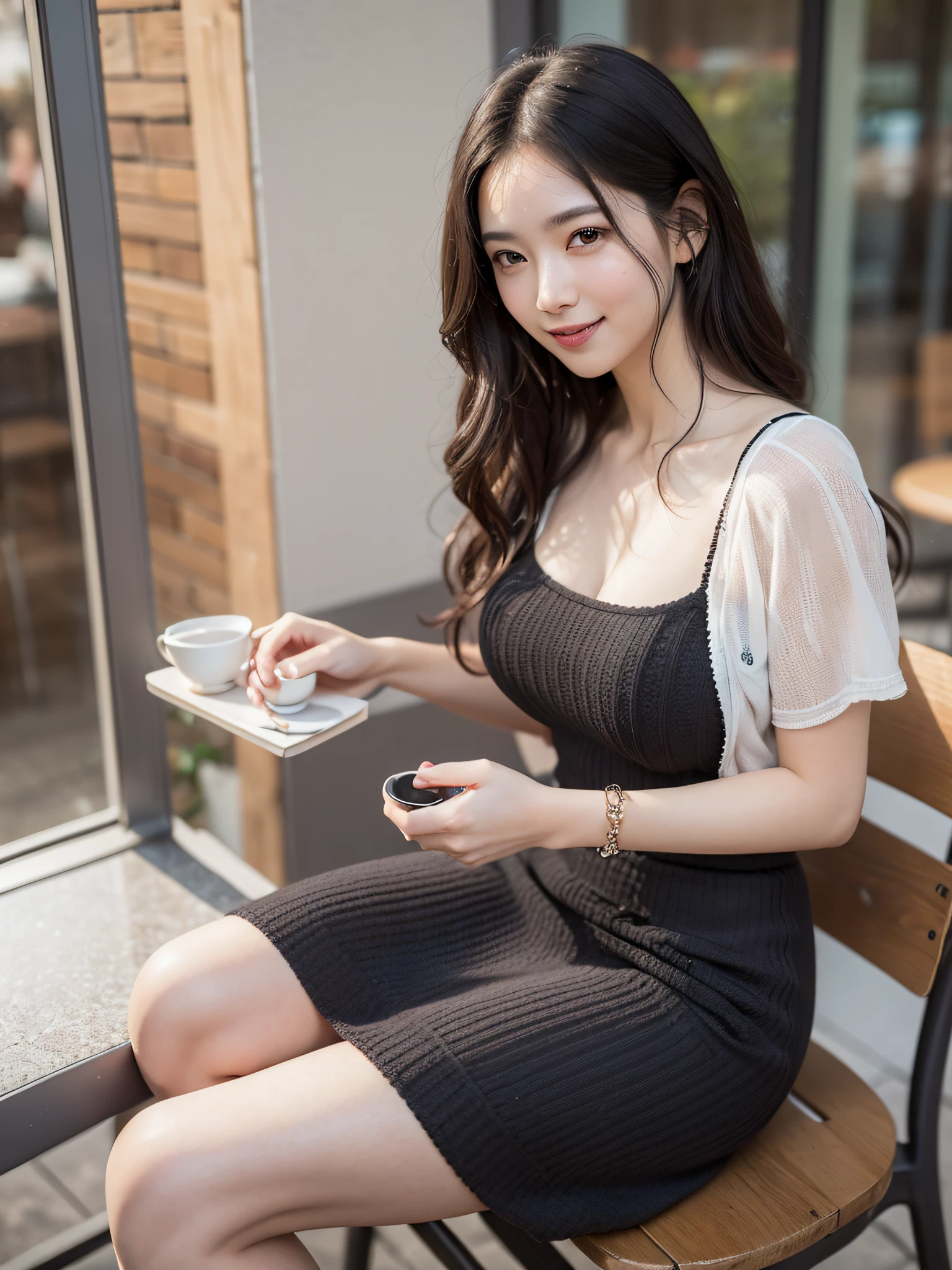 (Masterpiece:1.5, Best quality:1.5), Realistic, (Ultra photo realsisim:1.5), (photograph realistic:1.5), (Real picture, Intricate details), view the viewer, (8K wallpaper:1.5) (From the thighs to the head:1.15), (Detailed face:1.5), (Detailed eyes:1.5), (clear photo),Highly detailed, Ultra-detailed, 超高分辨率, (strong depth of field:1.5)
Style - Beautiful, Sexy and charming
Positioning - sitting in a café
Background - café
Theme - knitted short sleeve dress womenswear
View—Front view
Appearance - long black hair,High braided hair,No bangs,Bright eyes, Ruddy cheeks
Garment - black knitted short-sleeved dress
Posture - sitting,look down
Details - café in the background
Effects - dim lighting,Cast a soft glow
Description - A sexy woman enjoying her time in front of a café, Beautiful views around. She wore a knitted short-sleeved dress,Soft spotlights shine on the woman,Playful Atmosphere.With a smile on your face