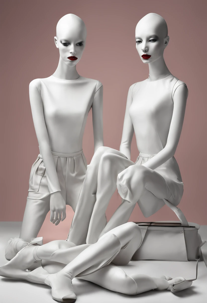 three mannequins dressed in white sit in a circle with a black and white background, flora borsi, sergey zabelin, inspired by Ray Caesar, photography alexey gurylev, erwin olaf, photography alexey kurylev, alexey egorov, sebastian kruger, sergey krasovskiy, anton semenov, inspired by Leonora Carrington