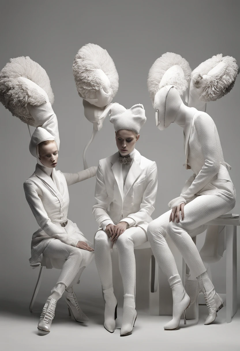 three mannequins dressed in white sit in a circle with a black and white background, flora borsi, sergey zabelin, inspired by Ray Caesar, photography alexey gurylev, erwin olaf, photography alexey kurylev, alexey egorov, sebastian kruger, sergey krasovskiy, anton semenov, inspired by Leonora Carrington