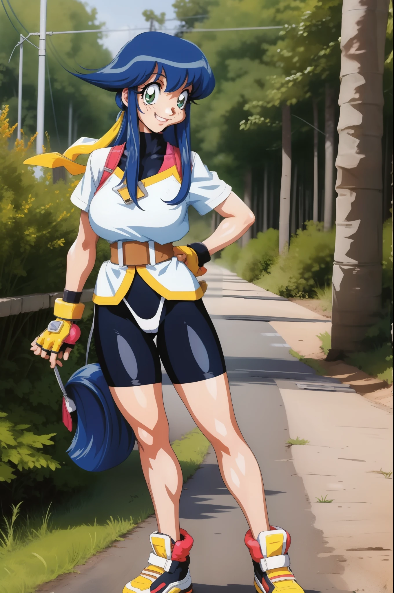 lime,spandex,green eyes,fingerless gloves,1990s (style),blue hair,retro artstyle,long hair,yellow bandana,bike shorts, full body, forest,smile, medium breast, full body