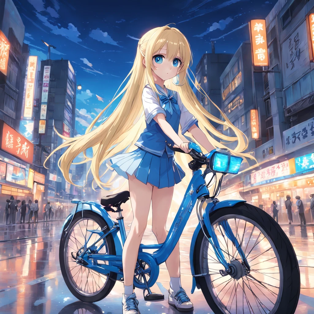 portlate、School Uniforms、bright expression、poneyTail、Young shiny shiny white shiny skin、Best Looks、Blonde reflected light、Platinum blonde hair with dazzling highlights、shiny light hair,、Super long silky straight hair、Beautiful bangs that shine、Glowing crystal clear attractive big blue eyes、Very beautiful nice cute  girl、Lush bust　Ride a bike along the seaside、