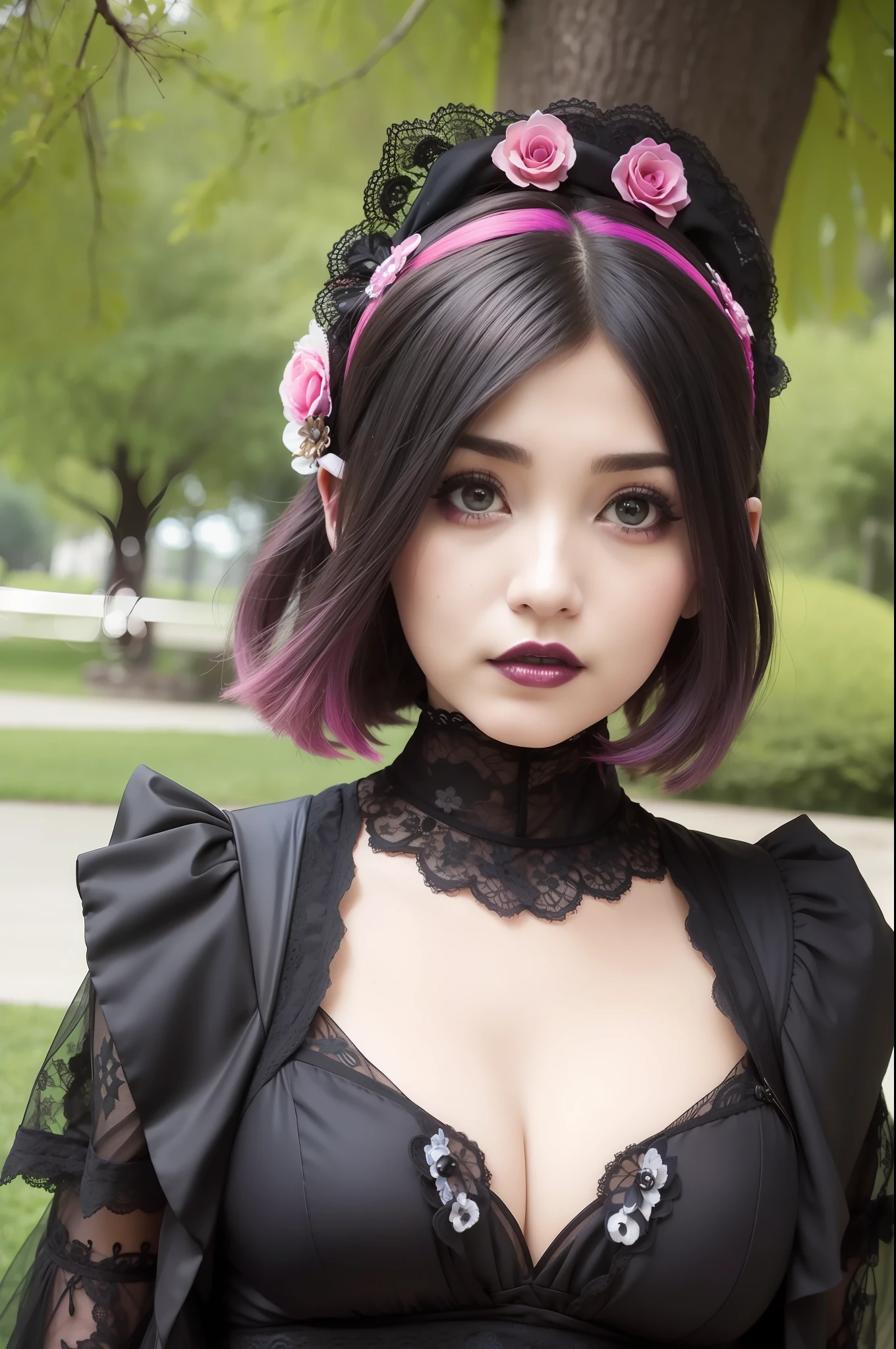 En un hermoso parque una mujer de aspecto moderno. It has a very colorful and striking kawaii gothic style.., con un maquillaje elegante y una peluca colorida.