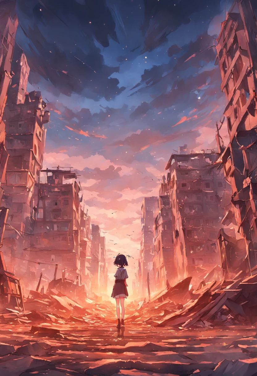 A city in ruins, Partially demolished buildings, with reddish sky with some clouds and golden sunlight behind. Sem pessoas na imagem