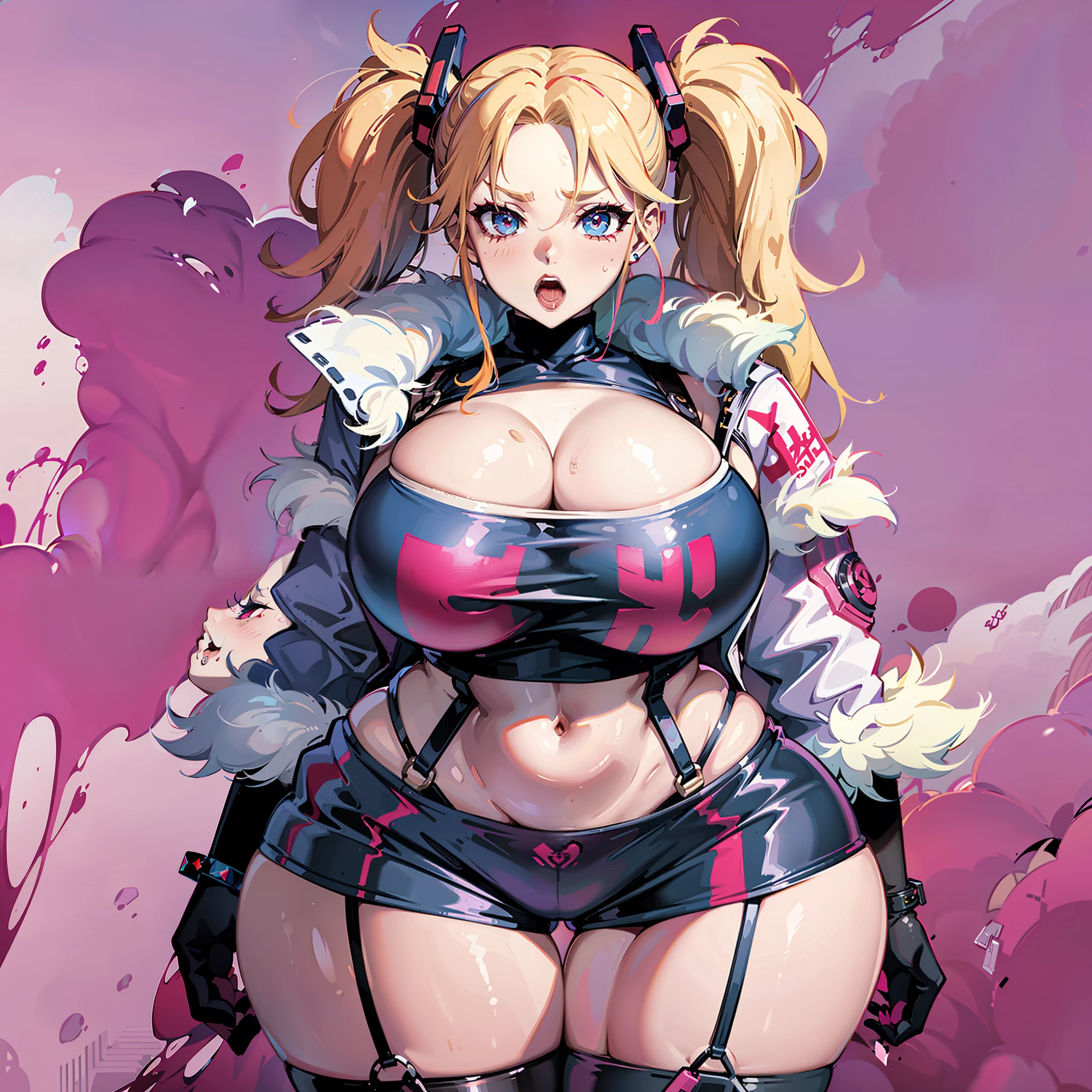 Fusion between Rebecca from Cyberpunk Edgerunners and Harley Quinn, rebel, very skimpy, slutty, crazy, wearing an oversized hoodie with a very slutty bra and shorts underneath, teen, kid, solo, very young, very short girl, teenager, extremely huge tits, ridiculously disproportional hourglass figure, absurdly wide hips, thick thighs