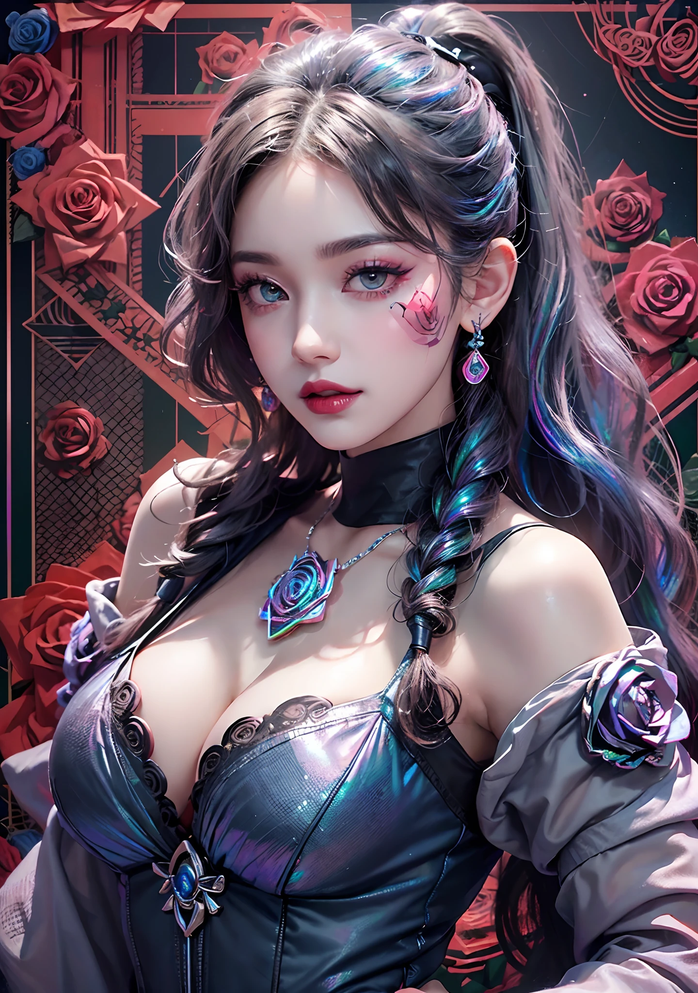 ((独奏)),Official art,Face Focus,Looking at Viewer,18year old,One Beautiful Girl, ((Red see-through dress with Swarovski)), ((Costumes in Greek mythology)),((Iridescent long ponytail,Curling hair on the head,Mesh Color:1.8)), ((bangss:1.8)),Swarovski crown, ear jewelry, Gorgeous and rich necklace, Dark purple eyes, Detailed makeup, Red Lip,((A smile:0.8)), closes mouth, eye line,eyeshadows,blusher, (cleavage of the breast:1.37), a large bust, thin-waist, Greek Art Textures, Colorful and realistic colors, RAW Photos, Realistic Photos, ultra-quality,8k wallpaper,extreme light and shadows, (Fantasy Light:1.37), (a Mandala:1.37),(Zentangle:1.37), Perfect Anatomy,real looking skin,ultradetailed eyes,A detailed face,Detailed limbs , ((Rose geometry background:1.8)),Upper body photo、Angle photo:1.2,Red Theme