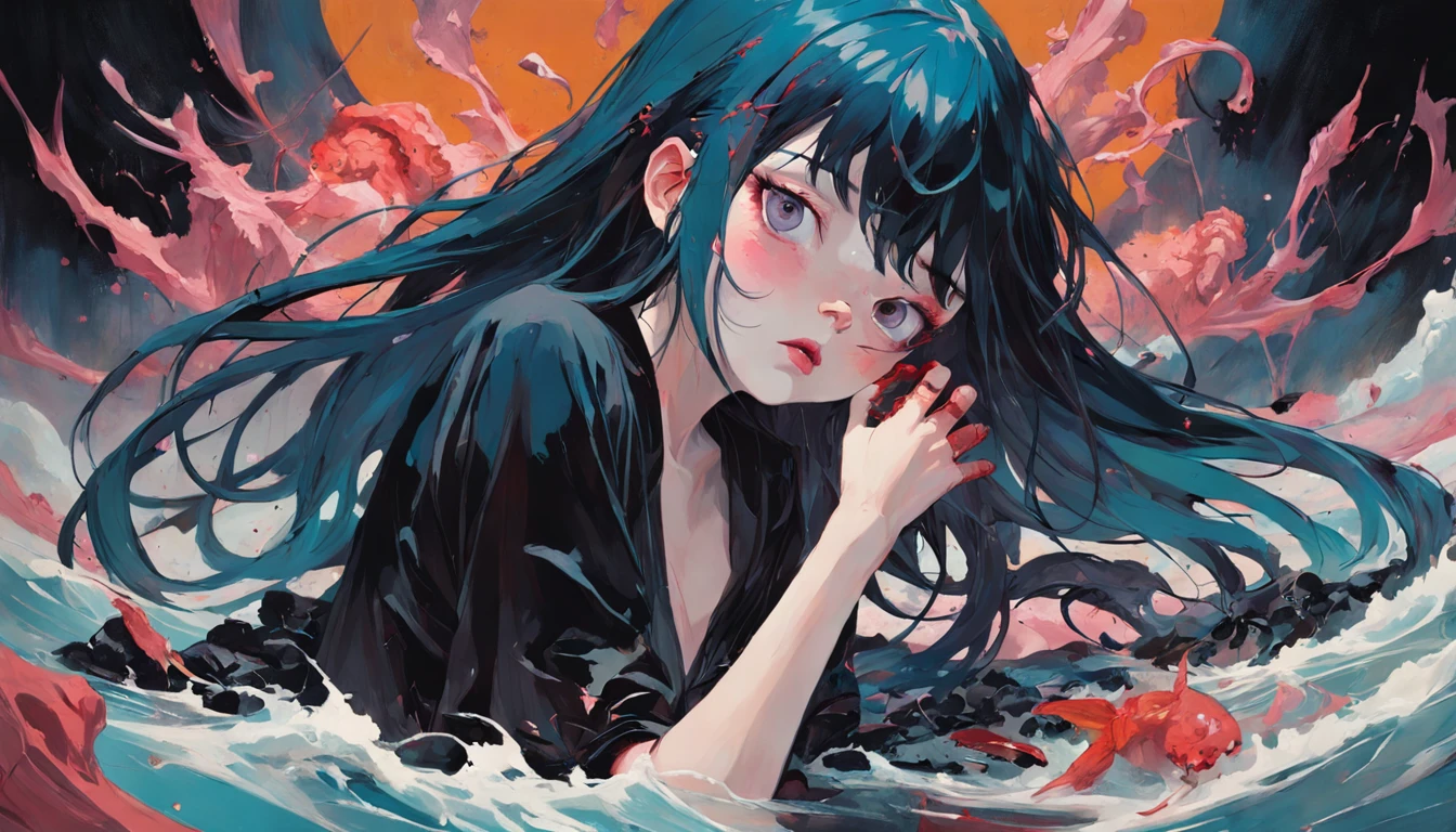 score_9, score_8_up, score_7_up, 1girl, nude, long hair, single braid, black hair, sitting, ocean, waves, rocks, partially submerged, upper body, close-up, from below, partially underwater shot,  <lora:ghostglitch-civit:1> ghostglitch