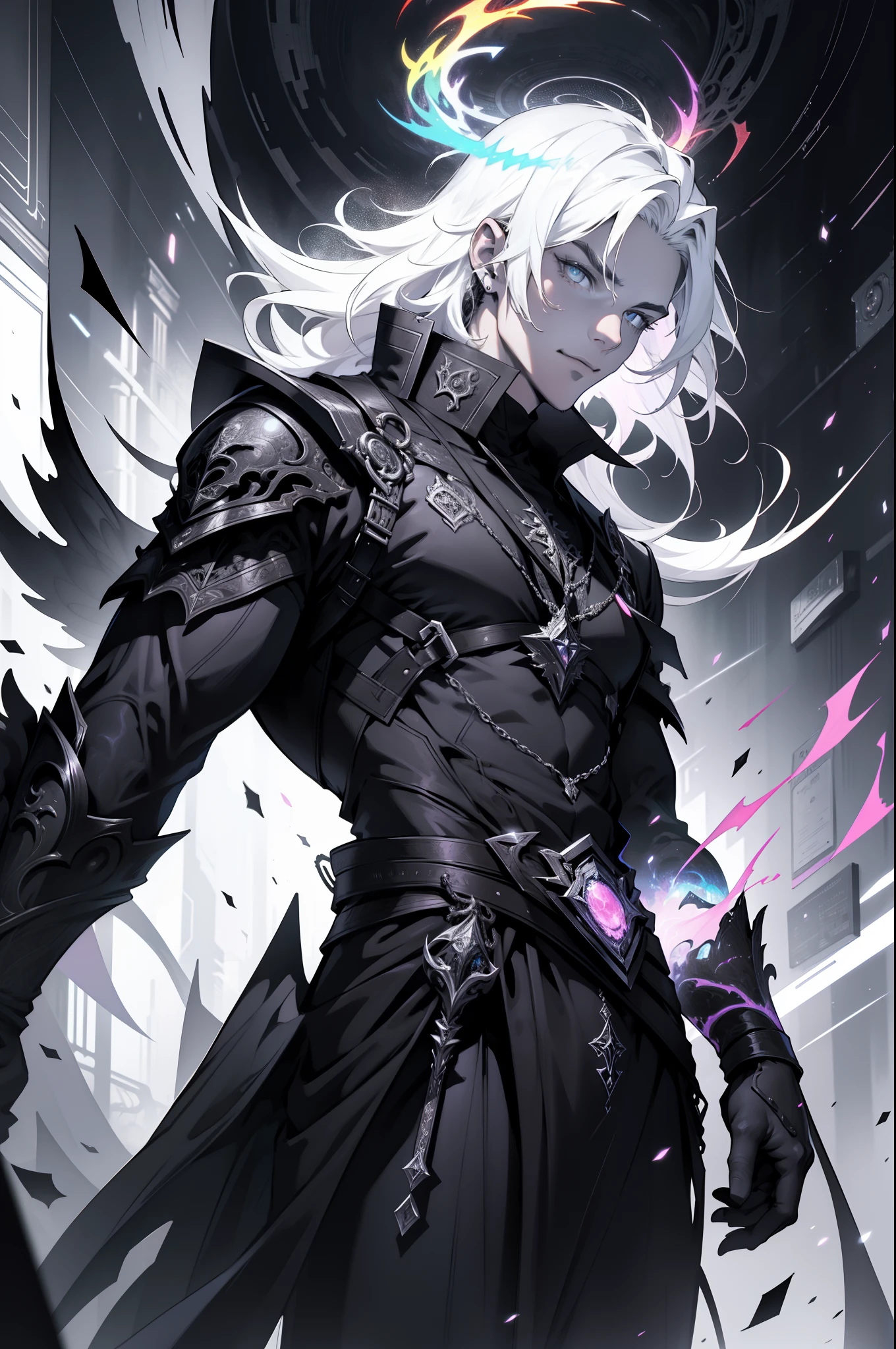 1 handsome guy，Rainbow pupils，Black and white hair，ultra - detailed，（s fractal art：1.4）， rich colourful， detailed back ground，（Fractals in the background：1.2），Chaos and order，Black and white，Light and darkness，angel and demon， hight contrast， Ray traching， cinmatic lighting， （Start from the front：0.6）