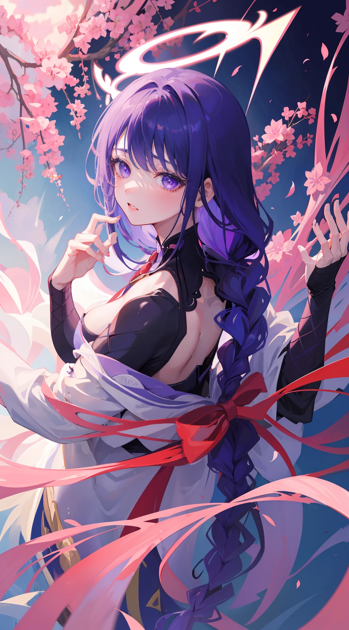 ((HighestQuali,tmasterpiece,8k wallpaper)),((Pale skin,)),1girll,Solo Woman,((Genshin_impact,Raiden general)),light particules,Purple thunderbolt,Bright background,the cherry trees,purple color-theme,Delicate facial features,Sexy beautiful anime girl,Raiden general,Long purple hair,rosy lips,Anime mouth,Keep one's mouth shut,A sexy mature woman,(Severely melancholy face),Detailed eyes,busty figure,buliding,