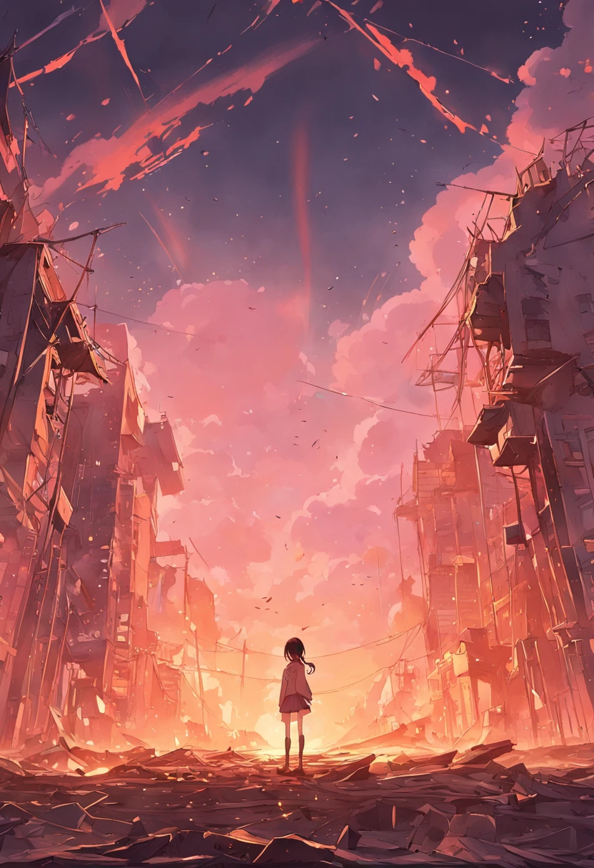 A city in ruins, Partially demolished buildings, with reddish sky with some clouds and golden sunlight behind. sem pessoas na imagem