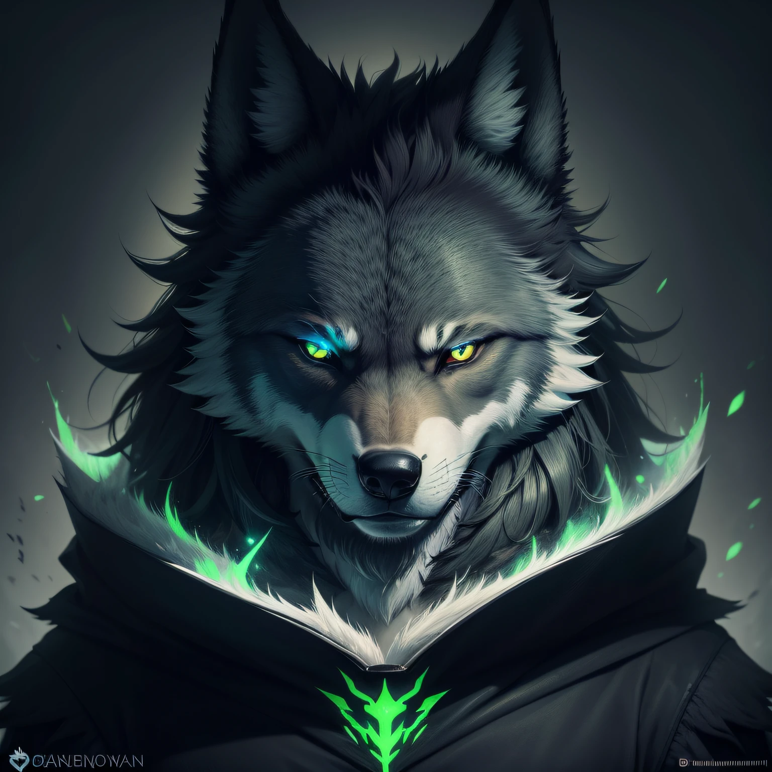 there is a drawing of a wolf with glowing eyes and a green glow, a picture by Daarken, deviantart contest winner, furry art, fenrir, fantasy wolf portrait, black wolf, blue wolf, wolf, great wolf, grim - wolf, alpha wolf head, furry wolf, anthropomorphic wolf, an anthropomorphic wolf, anthro wolf face