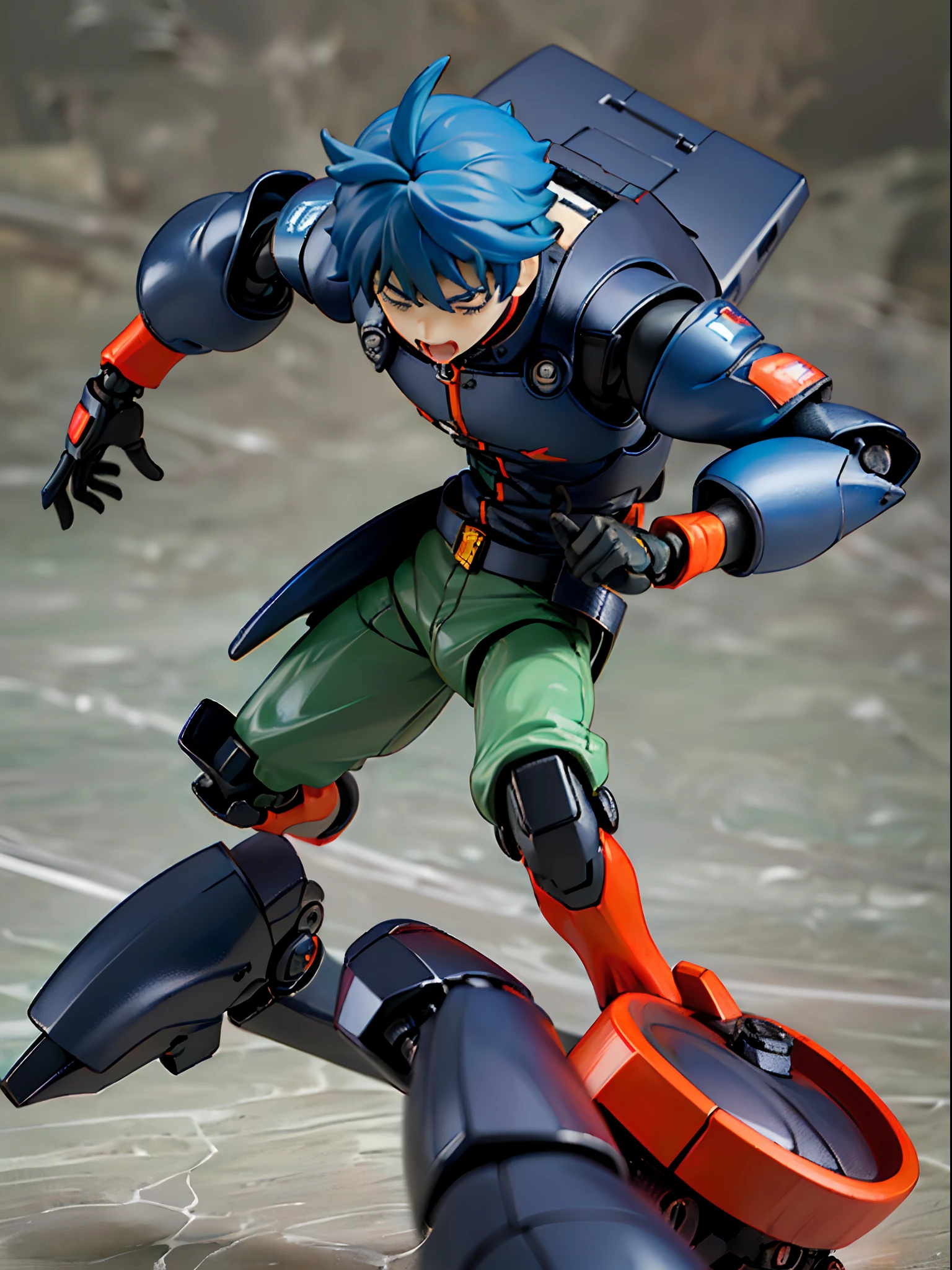 ((younge boy)),Sense of childhood,Anime male protagonist,Mecha communication headset,Painful face,Silver and blue unibody mech set,Armoured gloves,Racing boots,special ops,tchibi,blindbox,Clay texture,Best quality,a 3D render,vinyl toy figurine。8K quality,Run