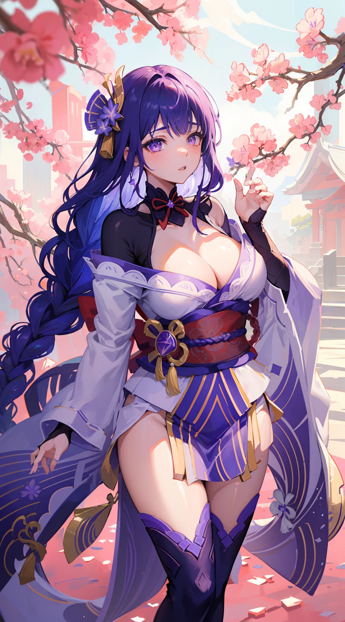 Japanese temple, (Highest Quality,masterpiece,8k wallpaper:1.2),((Pale skin)),1girll,Solo Woman,((Genshin_impact,Raiden general)),light particles,Purple thunderbolt,Bright background,the cherry trees,purple color-theme,Delicate facial features,Sexy beautiful anime girl,Raiden general,Long purple hair,rosy lips,Anime mouth,Keep one's mouth shut,A sexy mature woman,(Severely melancholy face),Detailed eyes,busty figure,