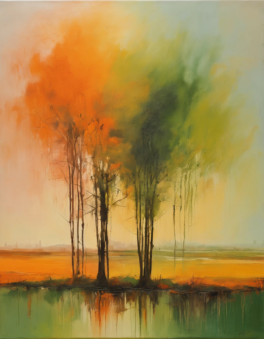 the sun is setting with trees in a field, in the style of light orange and dark green, crisp and delicate, unusual cropping, hazy, warmcore, wimmelbilder, eustache le sueur