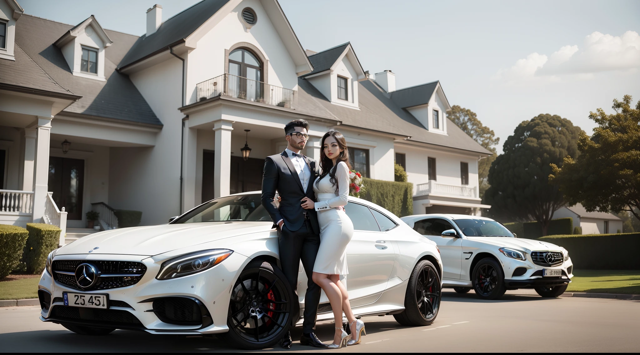 success beautiful couple embracing with their luxury house and white color benz car,