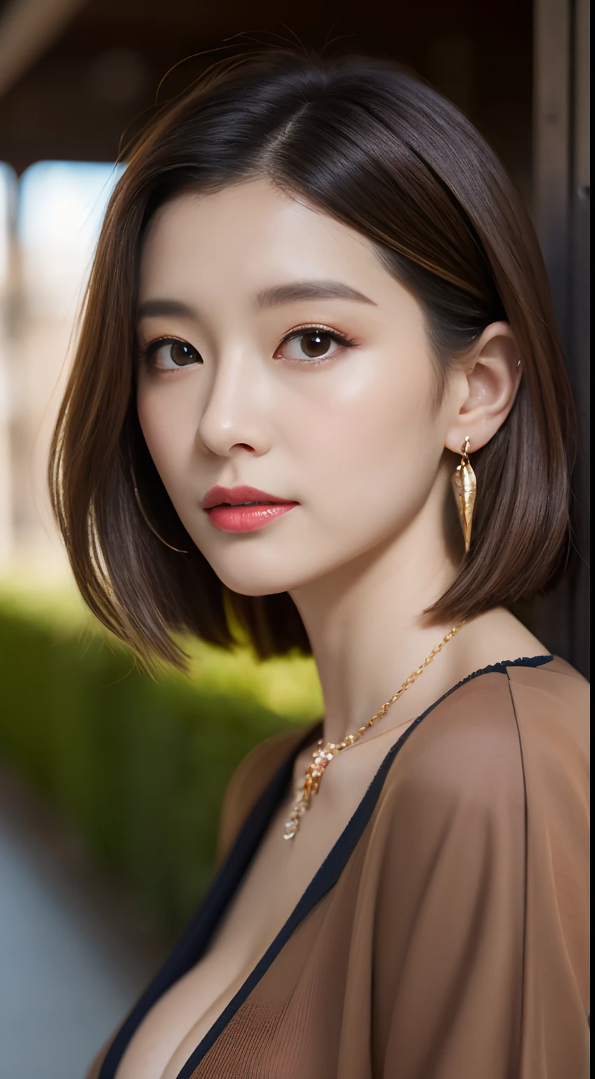 ((Best Quality, 8K, masterpiece :1.3)), Sharp Focus :1.2, Young natural beauty with a perfect body :1.4, Slender Abs :1.2, ((dark brown hair, Big breasts :1.2)), (Natural light, City Street:1.1), Highly detailed face and skin texture, Detailed eyes, 二重まぶた, full body, from side, Nice face, waved medium short hair, Delicate skin, ultra-detailed hair,Detailed background, wearing blouse with luxury under wear, wearing wide slacks, necklace, earrings,