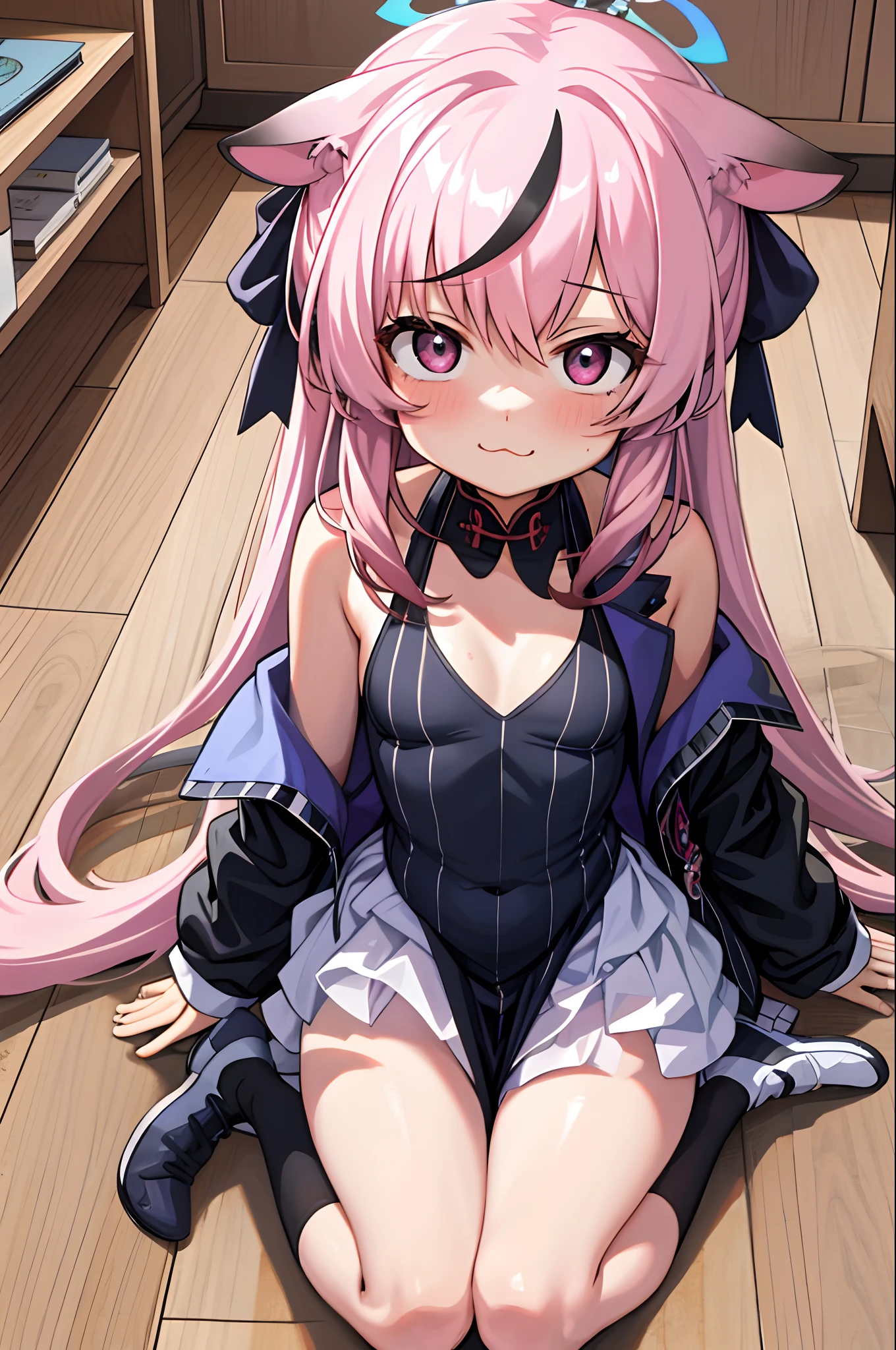 tmasterpiece， best qualtiy， ultra - detailed， 1girll，Pink hair Kokona， inside in room， Black eyes， ：3，the face， closeup cleavage