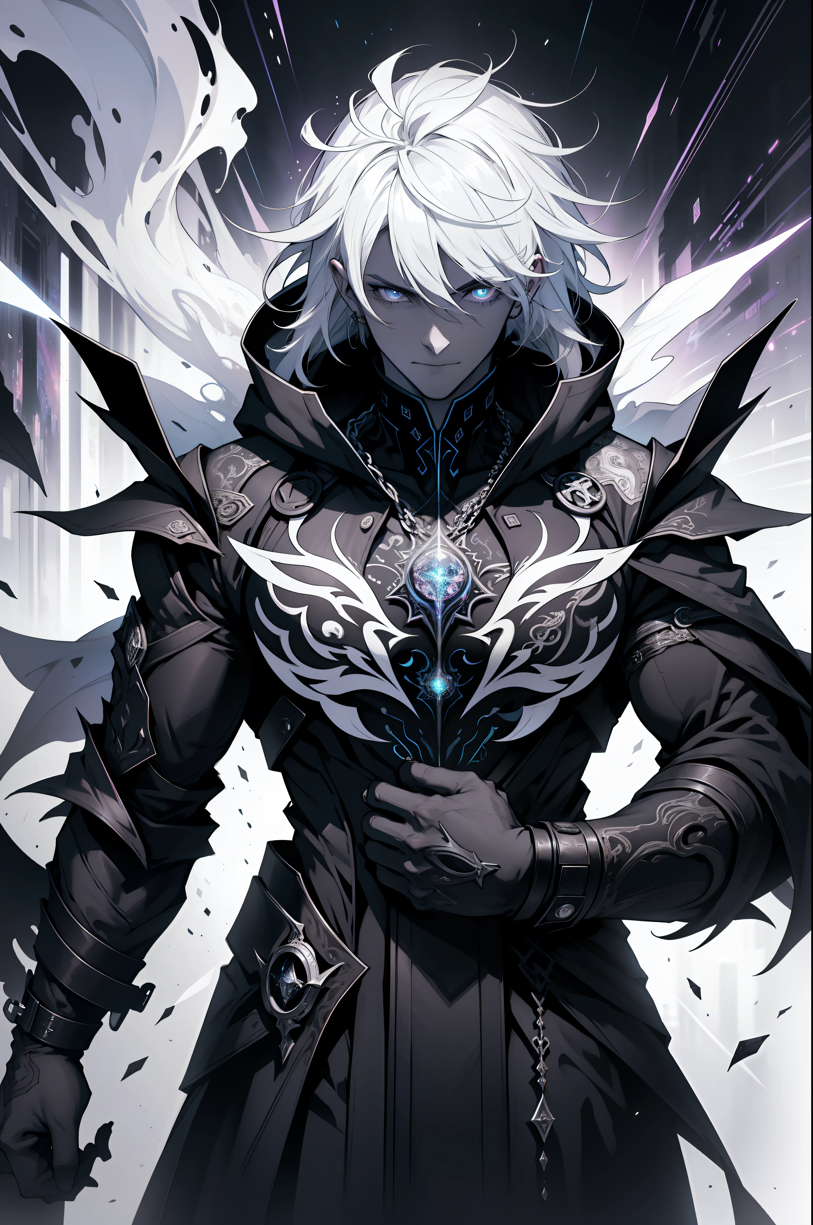 1 handsome guy，Rainbow pupils，Black and white hair，ultra - detailed，（s fractal art：1.4）， rich colourful， detailed back ground，（Fractals in the background：1.2），Chaos and order，Black and white，Light and darkness，angel and demon， hight contrast， Ray traching， cinmatic lighting， （Start from the front：0.6）