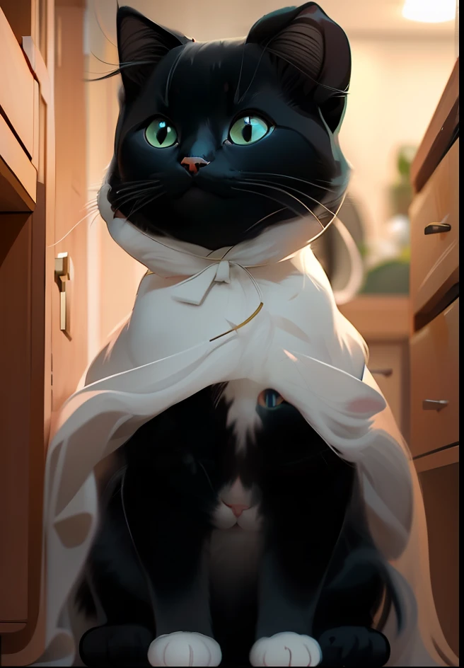 best qualtiy, tmasterpiece, 超高分辨率, realisticlying, A black and white cat,critters,closeup cleavage,adolable,No Man