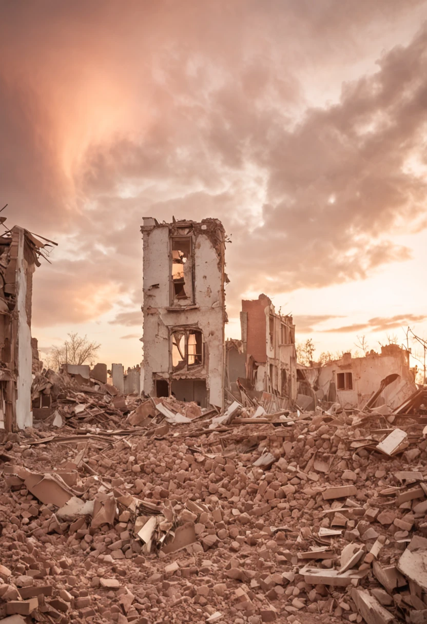 A city in ruins, Partially demolished buildings, with reddish sky with some clouds and golden sunlight behind. sem pessoas na imagem