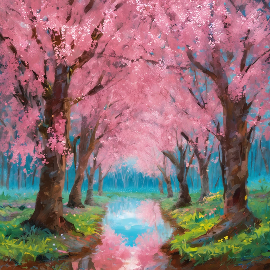 Describe a charming scene of a spring grove with cherry trees in full bloom, painting the scenery with its beautiful pink color. Ao redor do bosque, um extenso campo florido irradia alegria, com uma mistura de rosas brancas, amarelas e azuis, destacando-se no mar de cores vibrantes. In the heart of the woods, there is a serene lake, circundado por pedras que emolduram suas margens. Uma cascata graciosa desce suavemente pelo lago, creating a pleasant sound of moving water. The crystal clear waters of the lake reflect the blue spring sky and the cherry trees in their splendor. Exploring this enchanted scenery, Butterflies of varying colors and different sizes dance in the air, adding a dose of magic to the landscape. Its delicate wings capture the sunlight and provide a mesmerizing spectacle of movement and color in the serene environment of the forest.