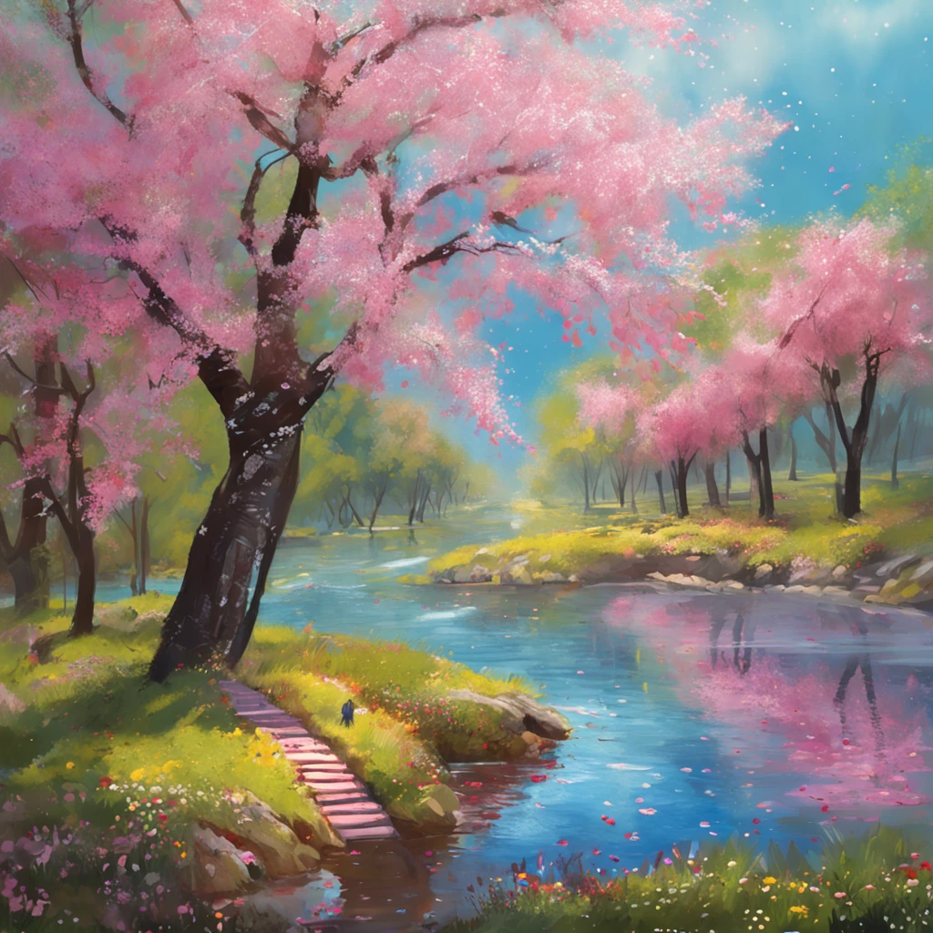 Describe a charming scene of a spring grove with cherry trees in full bloom, painting the scenery with its beautiful pink color. Ao redor do bosque, um extenso campo florido irradia alegria, com uma mistura de rosas brancas, amarelas e azuis, destacando-se no mar de cores vibrantes. In the heart of the woods, there is a serene lake, circundado por pedras que emolduram suas margens. Uma cascata graciosa desce suavemente pelo lago, creating a pleasant sound of moving water. The crystal clear waters of the lake reflect the blue spring sky and the cherry trees in their splendor. Exploring this enchanted scenery, Butterflies of varying colors and different sizes dance in the air, adding a dose of magic to the landscape. Its delicate wings capture the sunlight and provide a mesmerizing spectacle of movement and color in the serene environment of the forest.