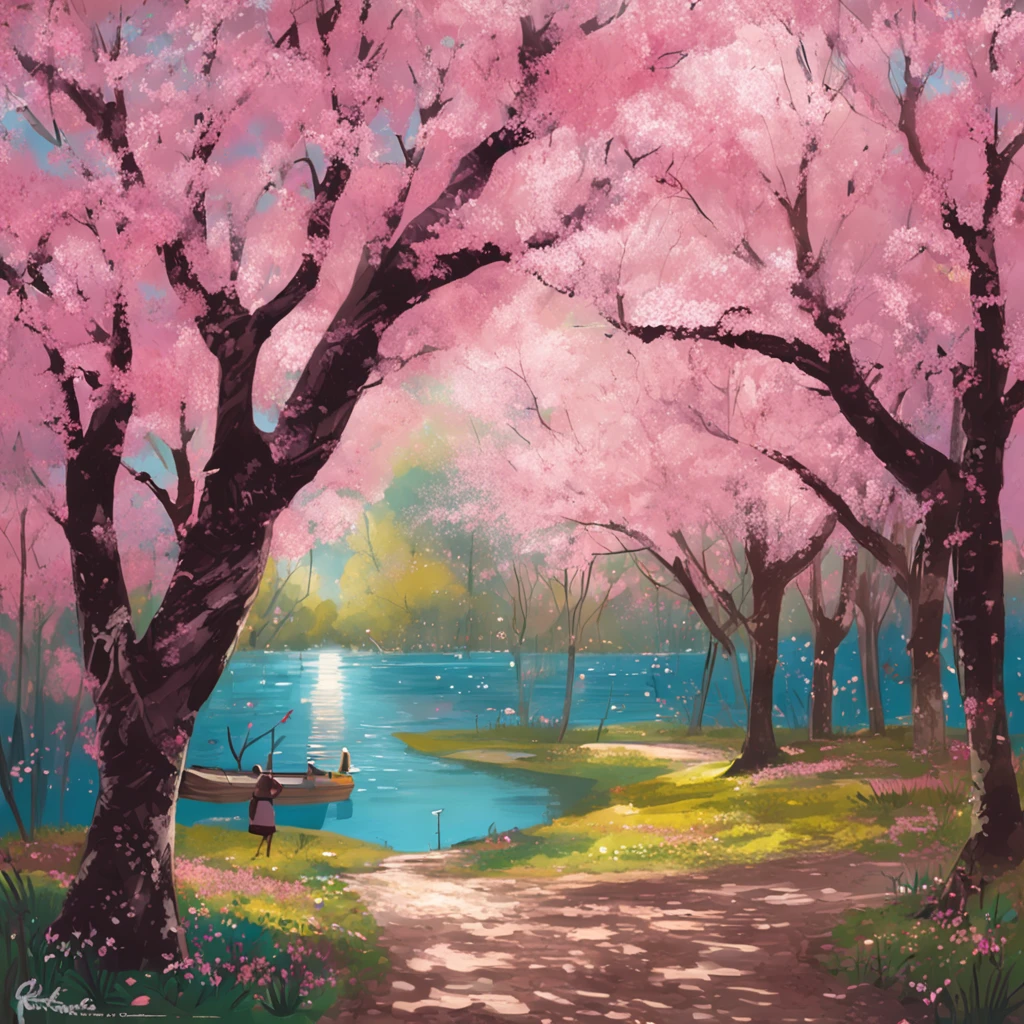 Describe a charming scene of a spring grove with cherry trees in full bloom, painting the scenery with its beautiful pink color. Ao redor do bosque, um extenso campo florido irradia alegria, com uma mistura de rosas brancas, amarelas e azuis, destacando-se no mar de cores vibrantes. In the heart of the woods, there is a serene lake, circundado por pedras que emolduram suas margens. Uma cascata graciosa desce suavemente pelo lago, creating a pleasant sound of moving water. The crystal clear waters of the lake reflect the blue spring sky and the cherry trees in their splendor. Exploring this enchanted scenery, Butterflies of varying colors and different sizes dance in the air, adding a dose of magic to the landscape. Its delicate wings capture the sunlight and provide a mesmerizing spectacle of movement and color in the serene environment of the forest.