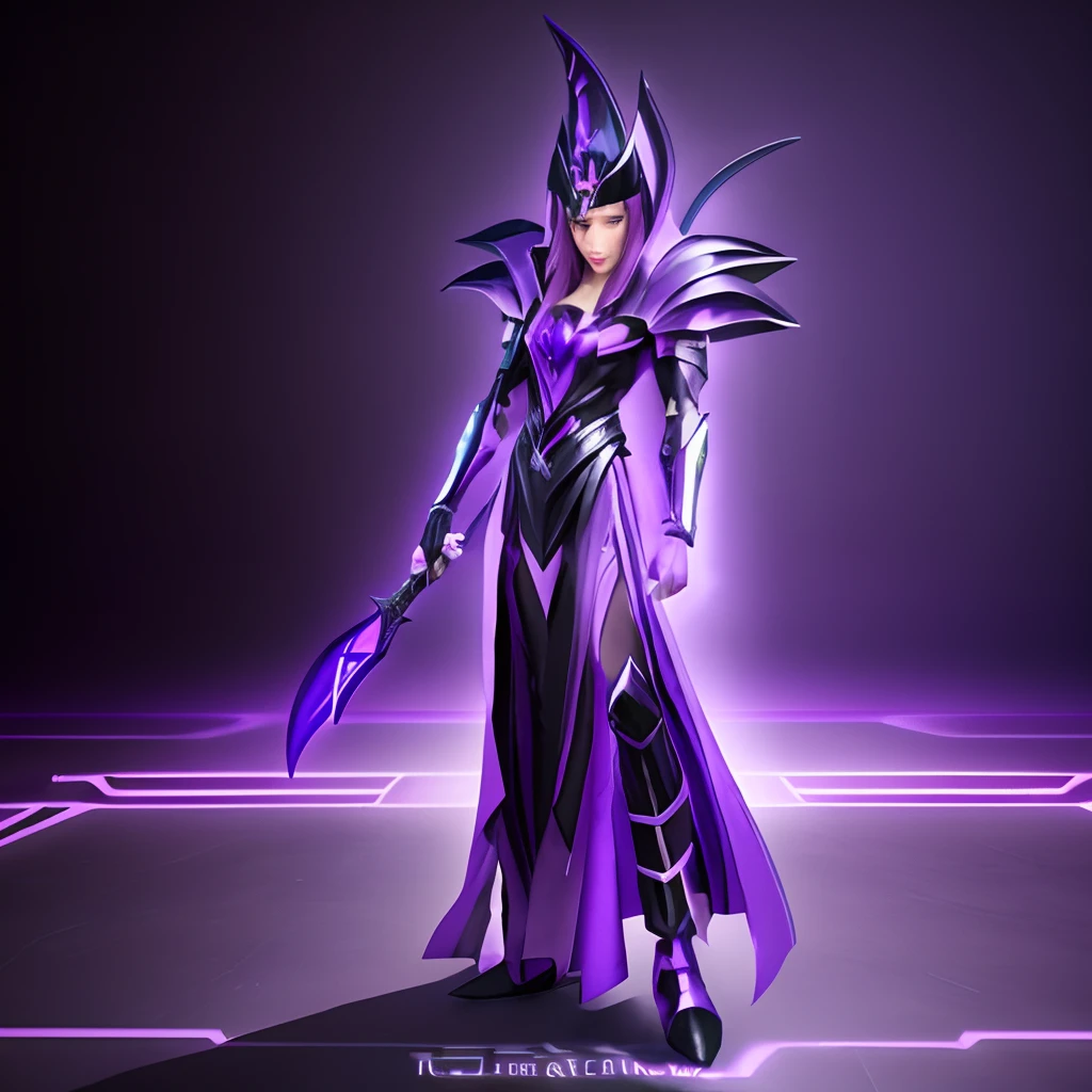 a woman in a purple dress holding a sword and a purple hat, unreal engine render saint seiya, supervillain sorceress witch, purple armor, 3 d render official art, dark sorceress fullbody pose, dark sorceress full view, sleek purple armor, wearing dark purple armor, final fantasy character, full portrait of magical knight handsome face